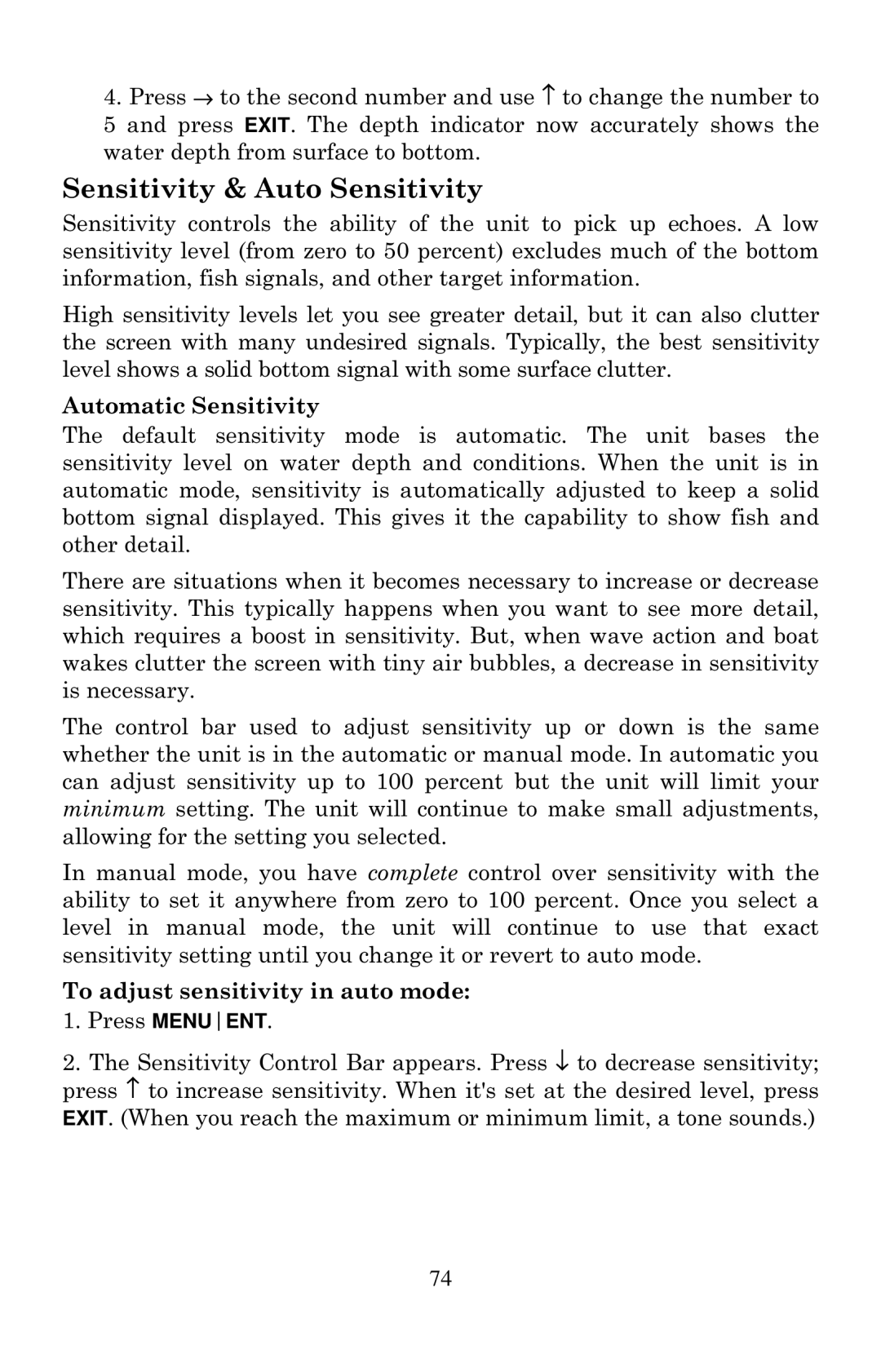 Eagle Electronics 2000 manual Sensitivity & Auto Sensitivity, Automatic Sensitivity, To adjust sensitivity in auto mode 