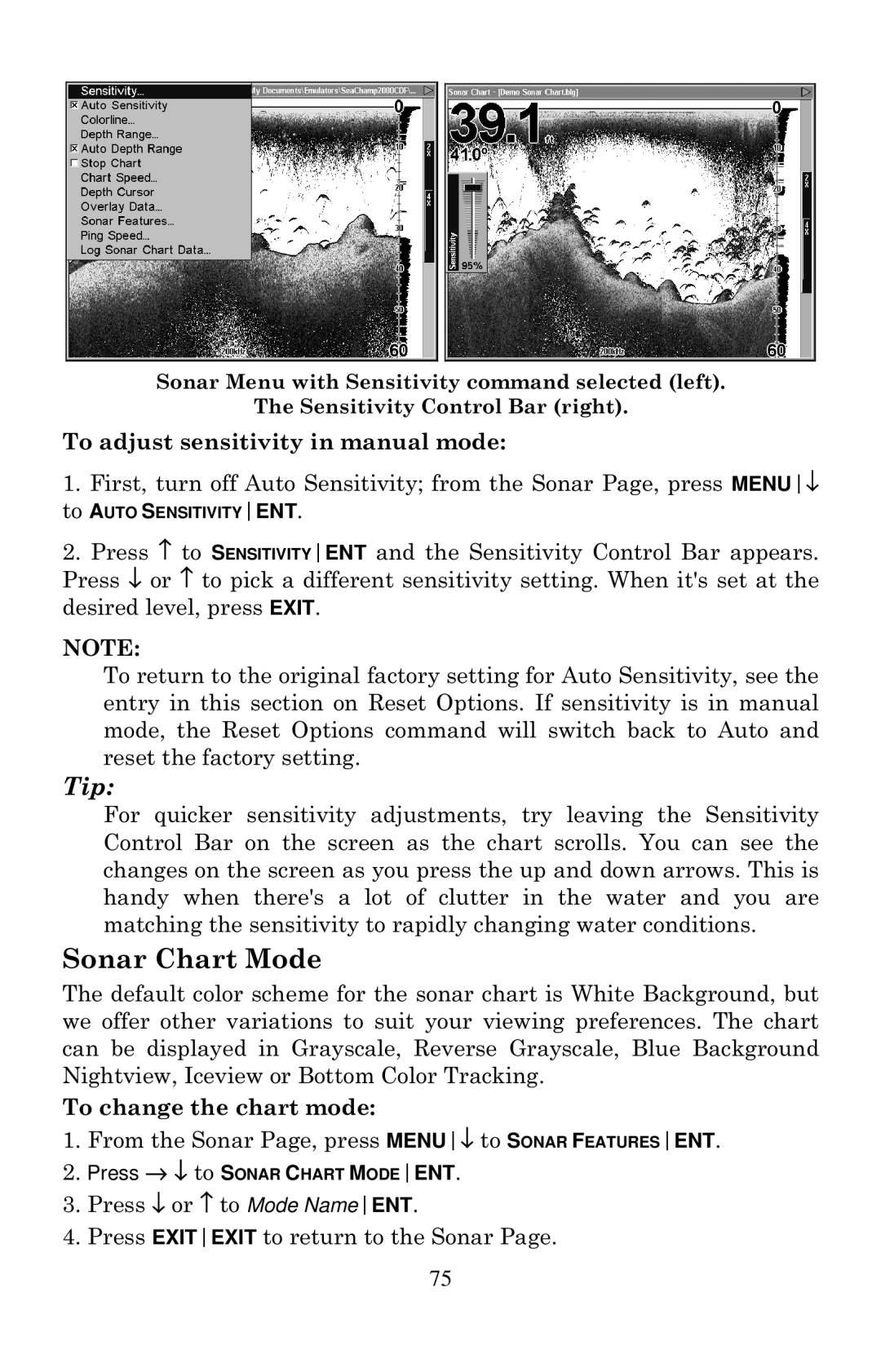 Eagle Electronics 2000 Sonar Chart Mode, To adjust sensitivity in manual mode, To change the chart mode 