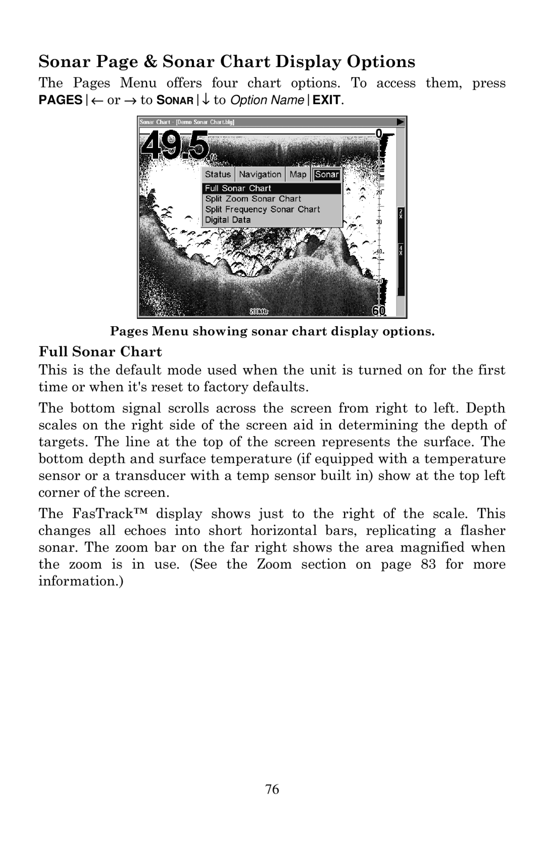 Eagle Electronics 2000 manual Sonar Page & Sonar Chart Display Options, Full Sonar Chart 