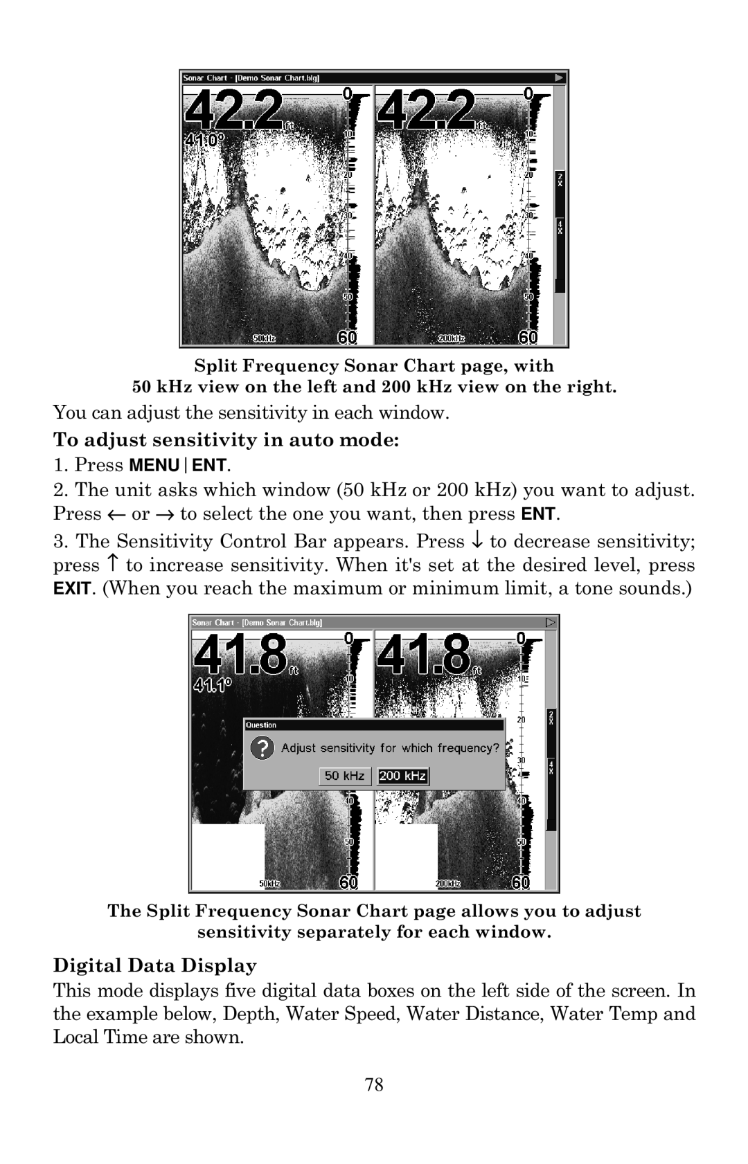 Eagle Electronics 2000 manual To adjust sensitivity in auto mode, Digital Data Display 