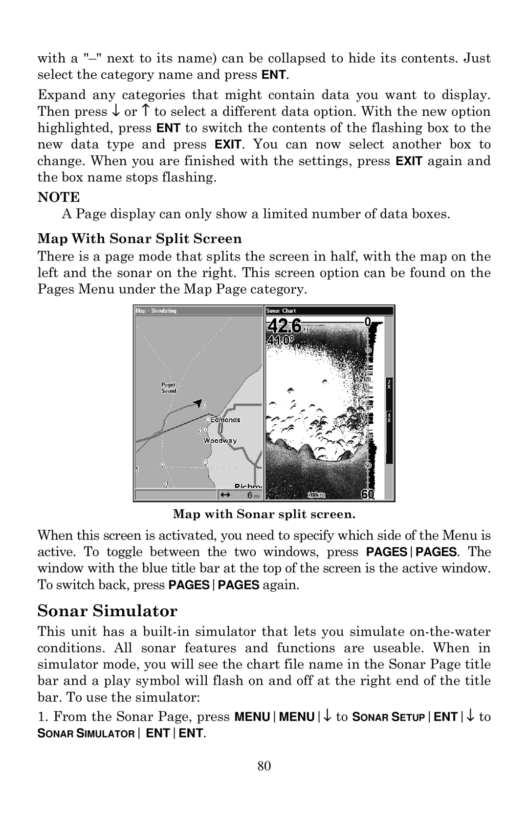 Eagle Electronics 2000 manual Sonar Simulator, Map With Sonar Split Screen 