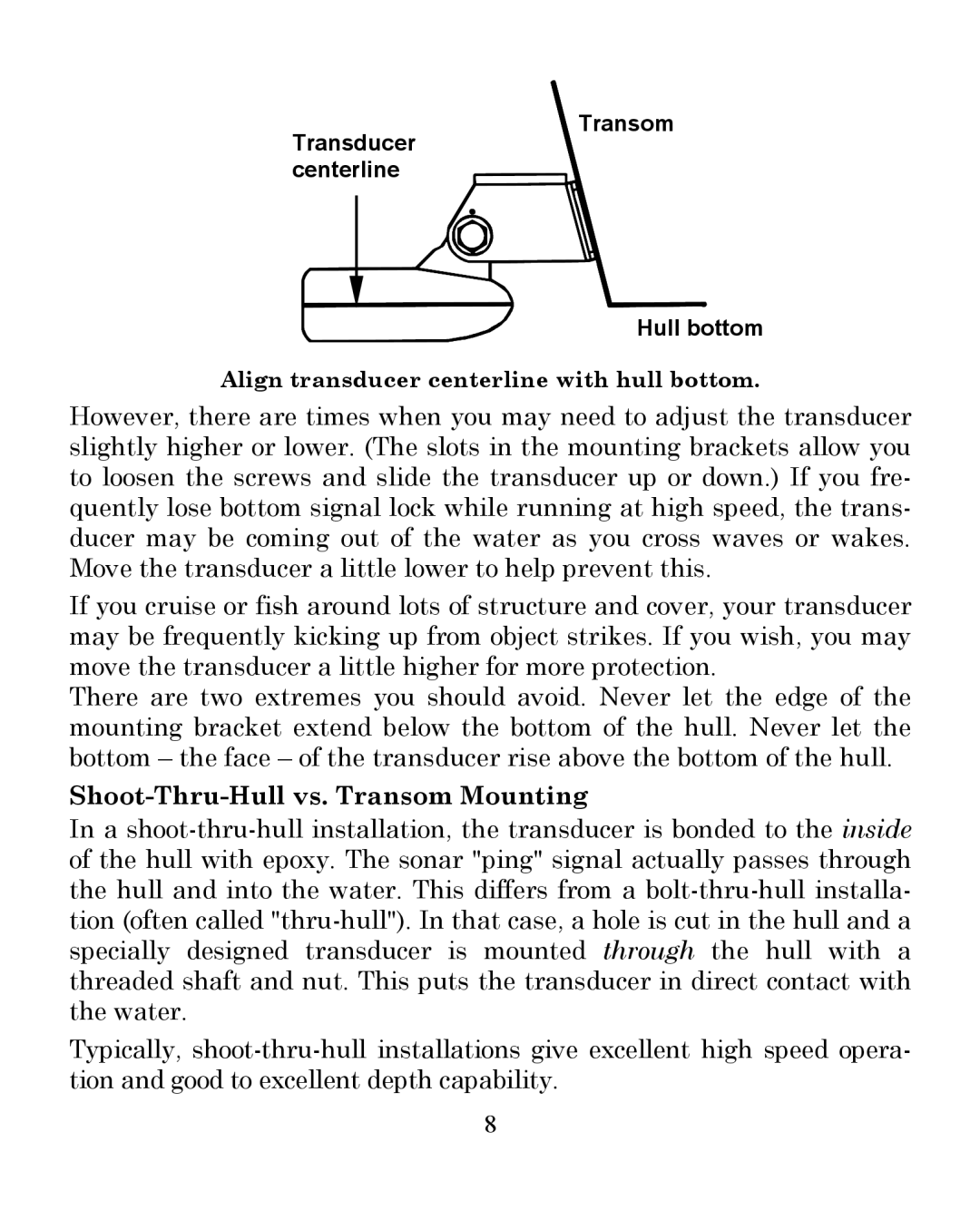 Eagle Electronics 242 manual Shoot-Thru-Hull vs. Transom Mounting 