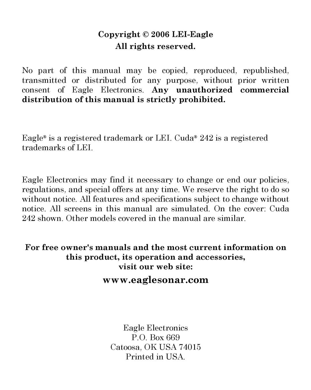 Eagle Electronics 242 manual Copyright 2006 LEI-Eagle All rights reserved 