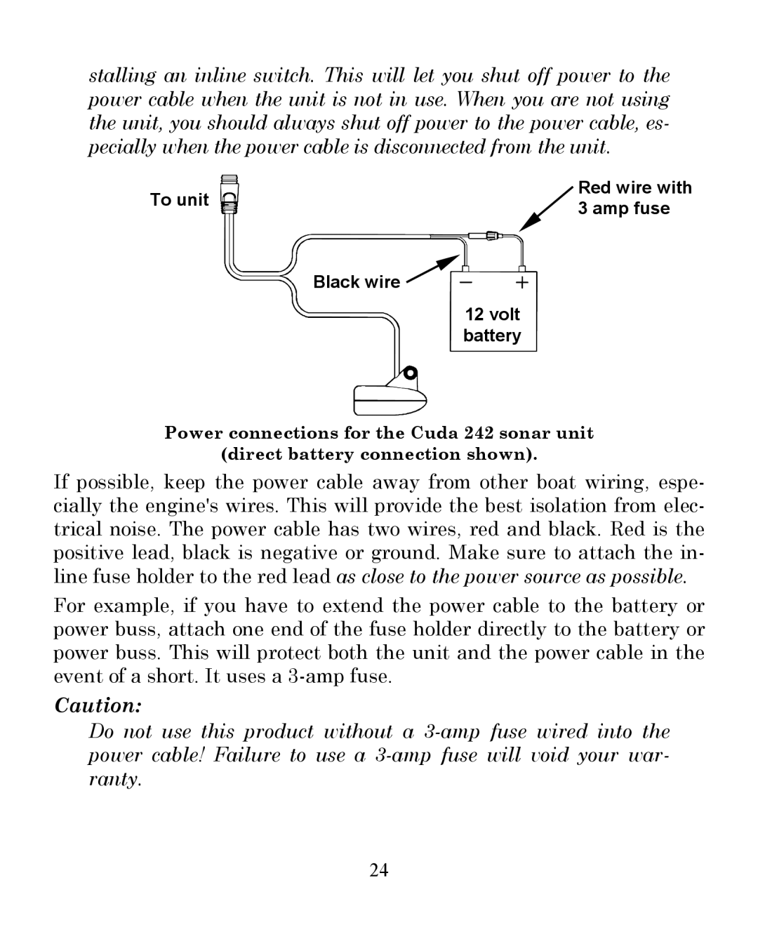 Eagle Electronics 242 manual To unit Red wire with Amp fuse Black wire Volt battery 