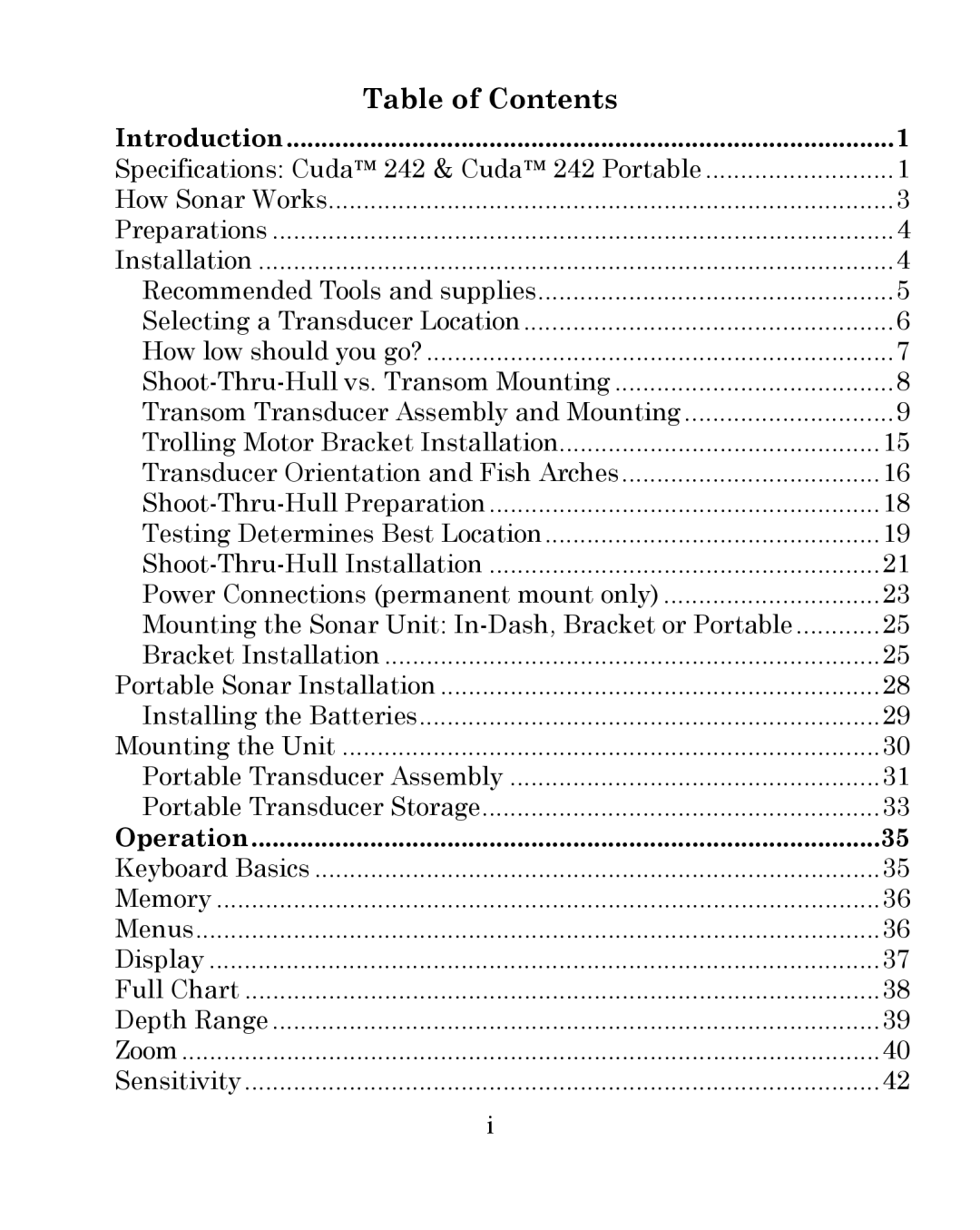 Eagle Electronics 242 manual Table of Contents 