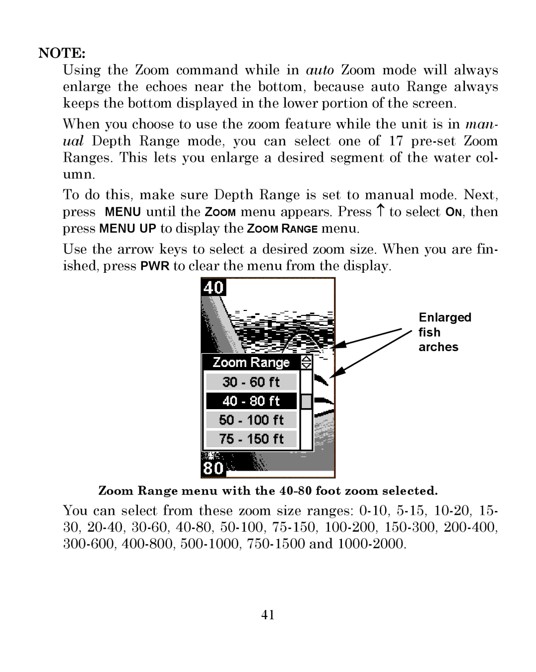 Eagle Electronics 242 manual Zoom Range menu with the 40-80 foot zoom selected 