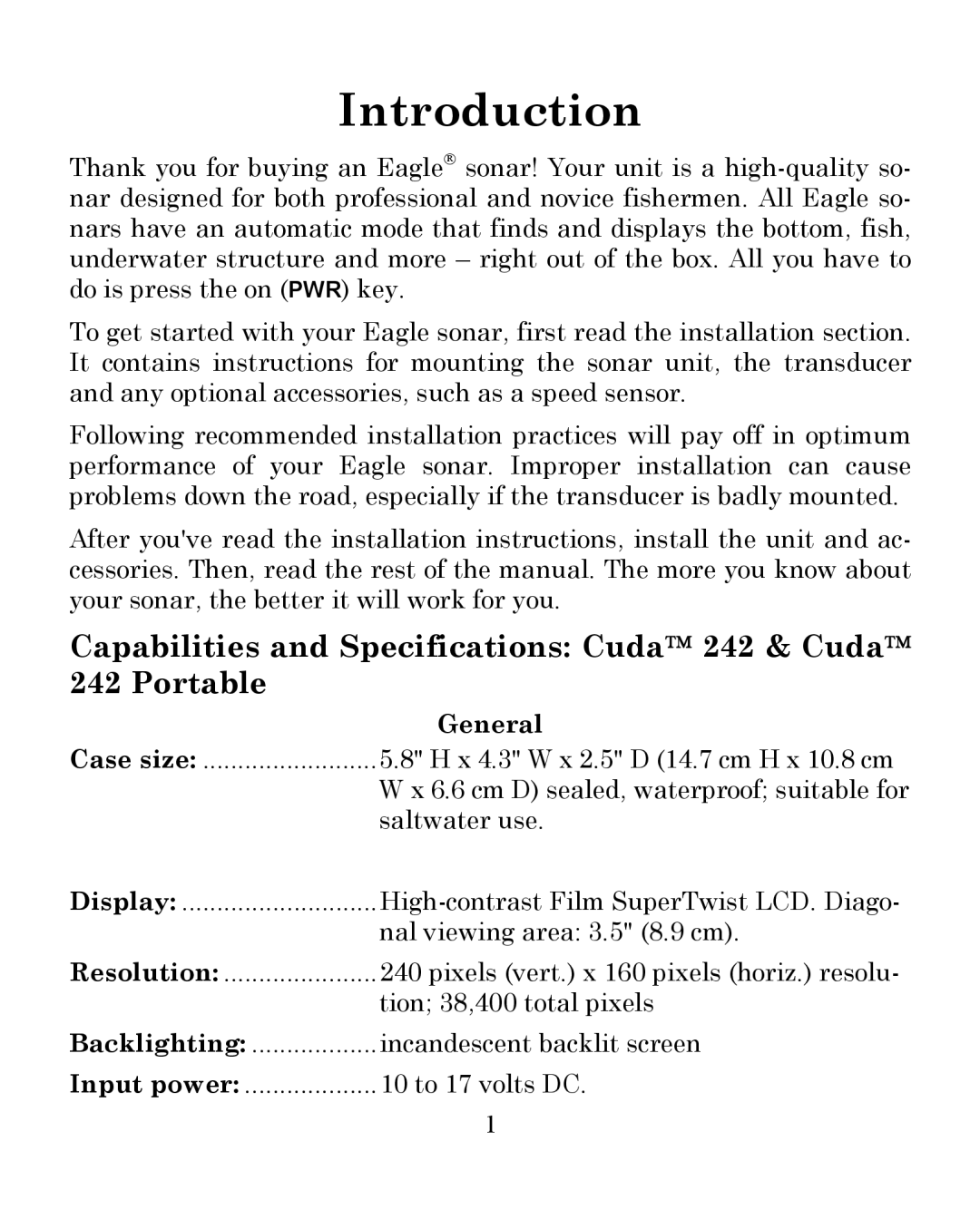 Eagle Electronics manual Capabilities and Specifications Cuda 242 & Cuda Portable, General 