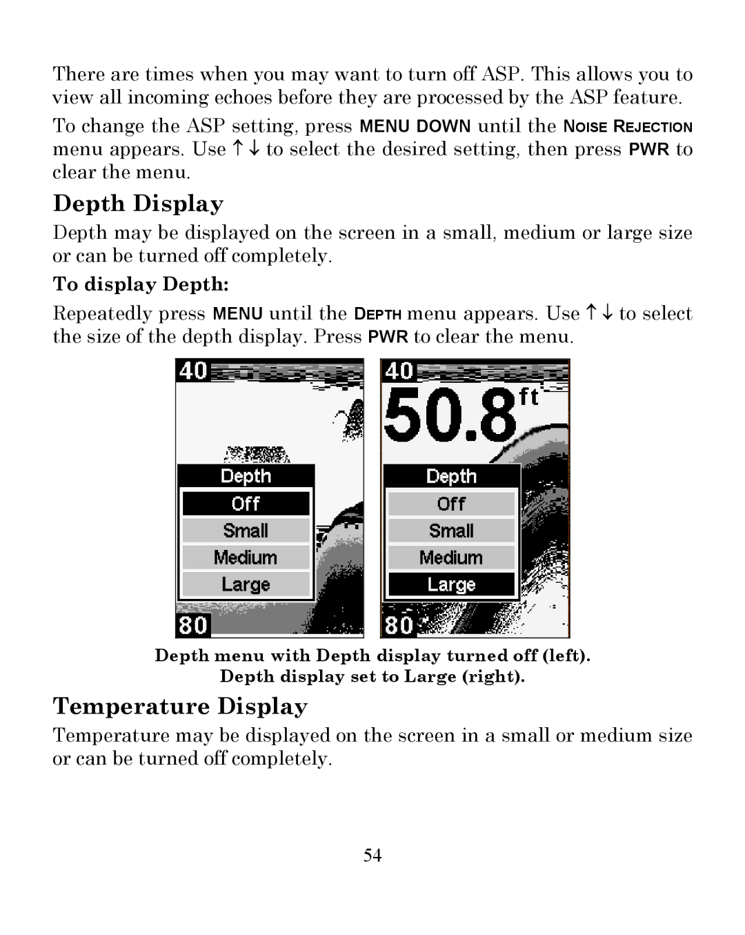 Eagle Electronics 242 manual Depth Display, Temperature Display, To display Depth 