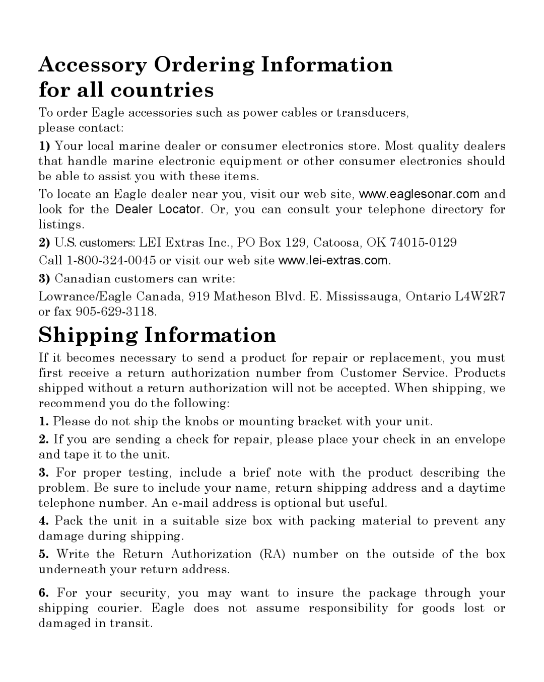 Eagle Electronics 242 manual Accessory Ordering Information for all countries 