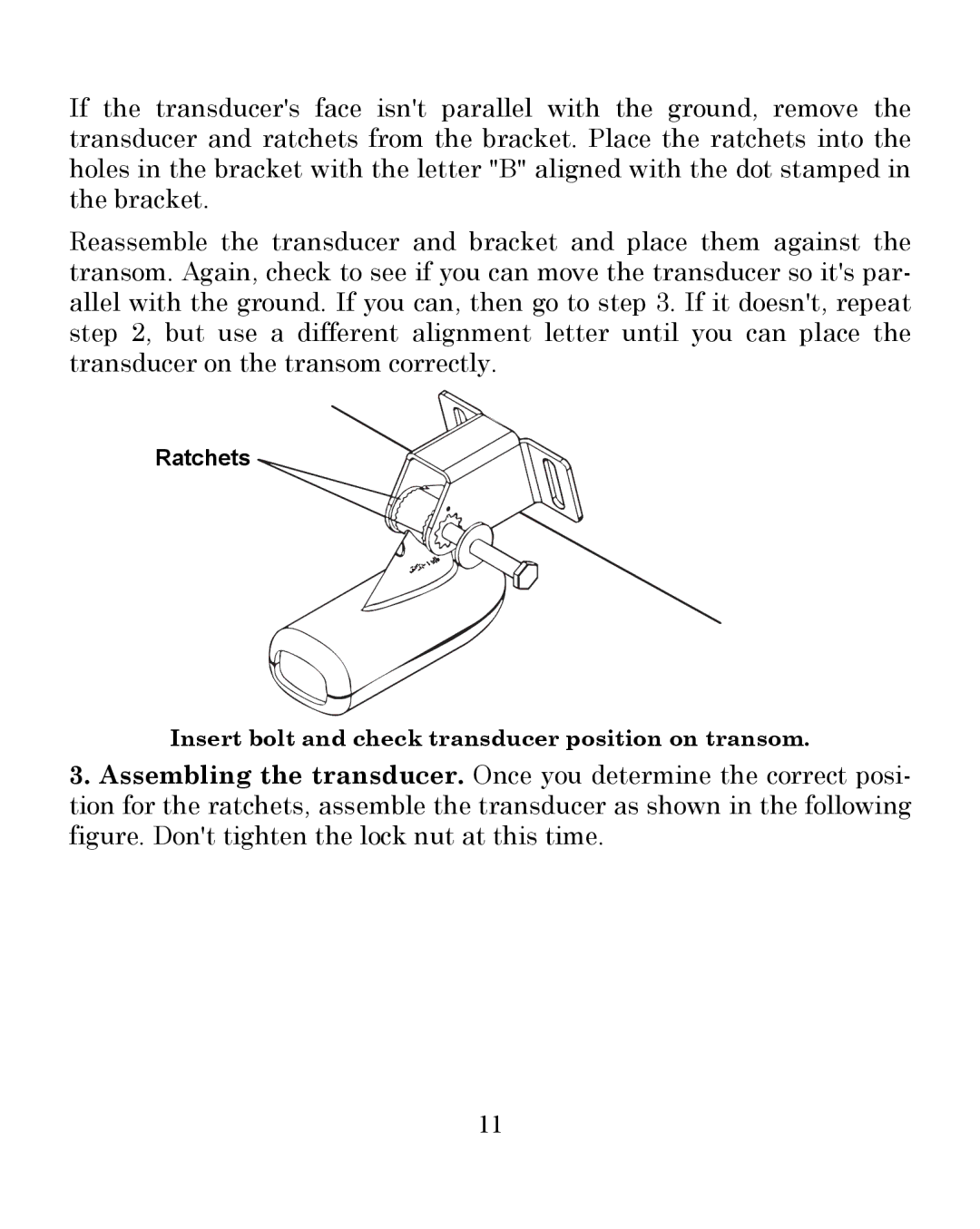 Eagle Electronics 245DS manual Insert bolt and check transducer position on transom 