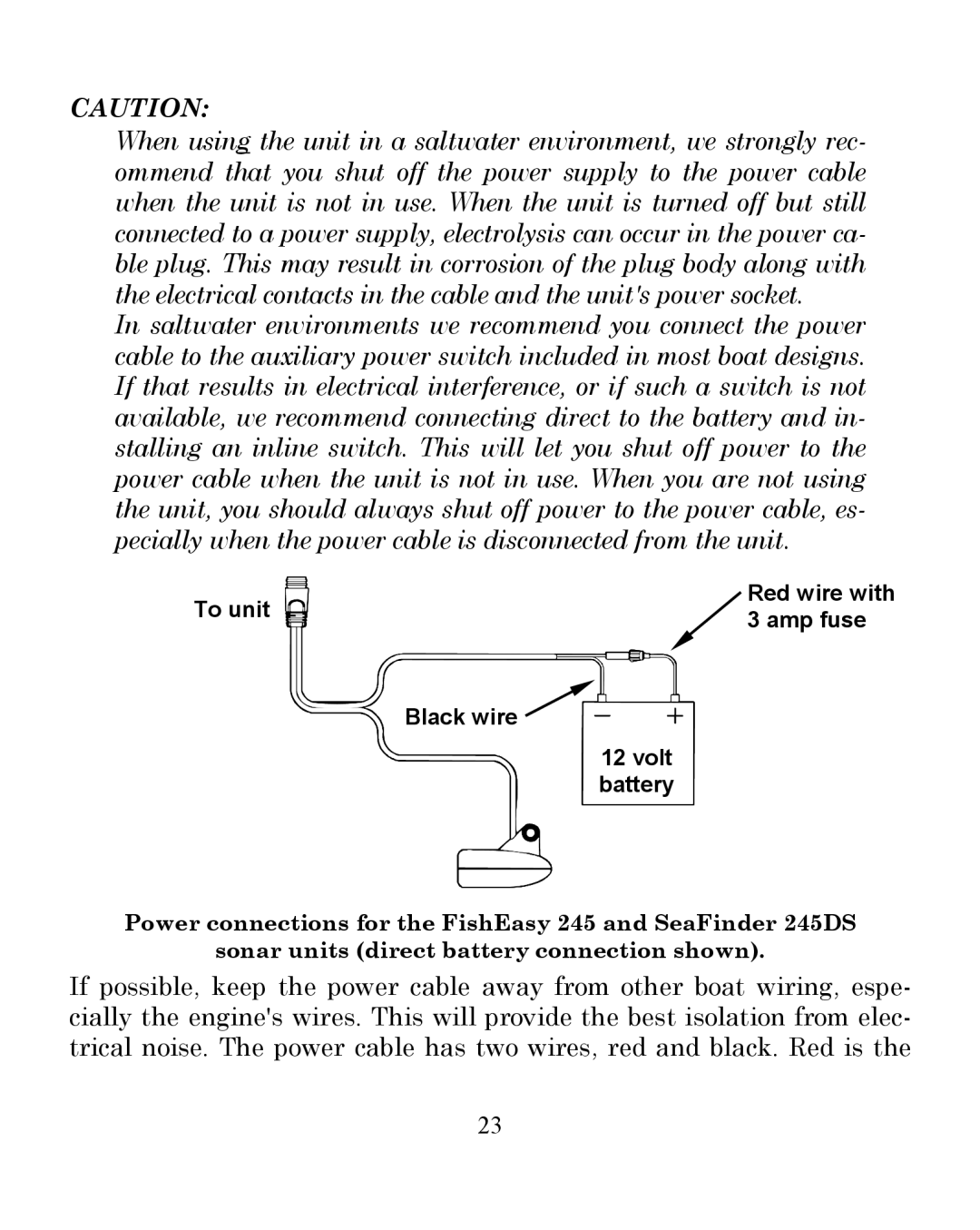 Eagle Electronics 245DS manual To unit Red wire with Amp fuse Black wire Volt battery 