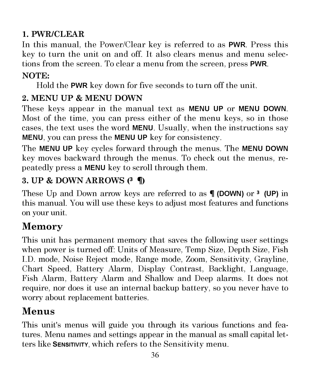 Eagle Electronics 245DS manual Memory, Menus, UP & Down Arrows ↑ ↓ 