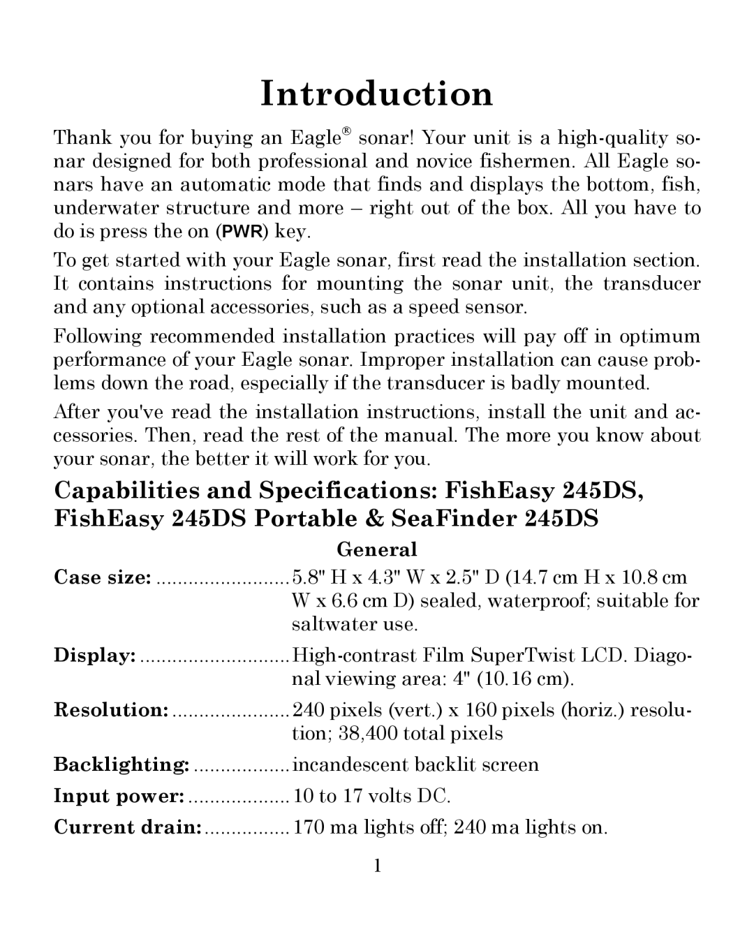 Eagle Electronics 245DS manual Introduction, General 