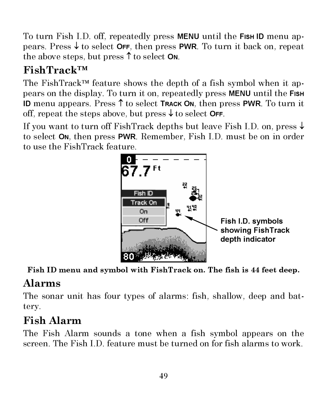 Eagle Electronics 245DS manual FishTrack, Alarms, Fish Alarm 