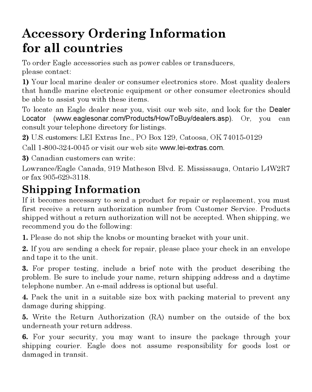 Eagle Electronics 245DS manual Accessory Ordering Information for all countries 