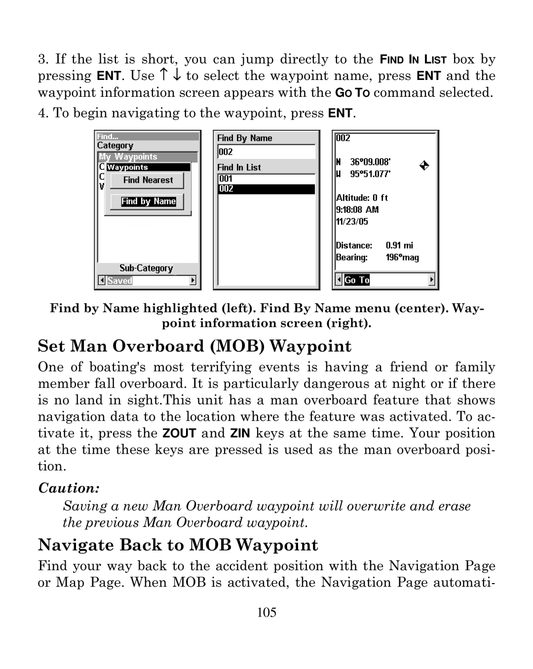 Eagle Electronics 250i manual Set Man Overboard MOB Waypoint, Navigate Back to MOB Waypoint 