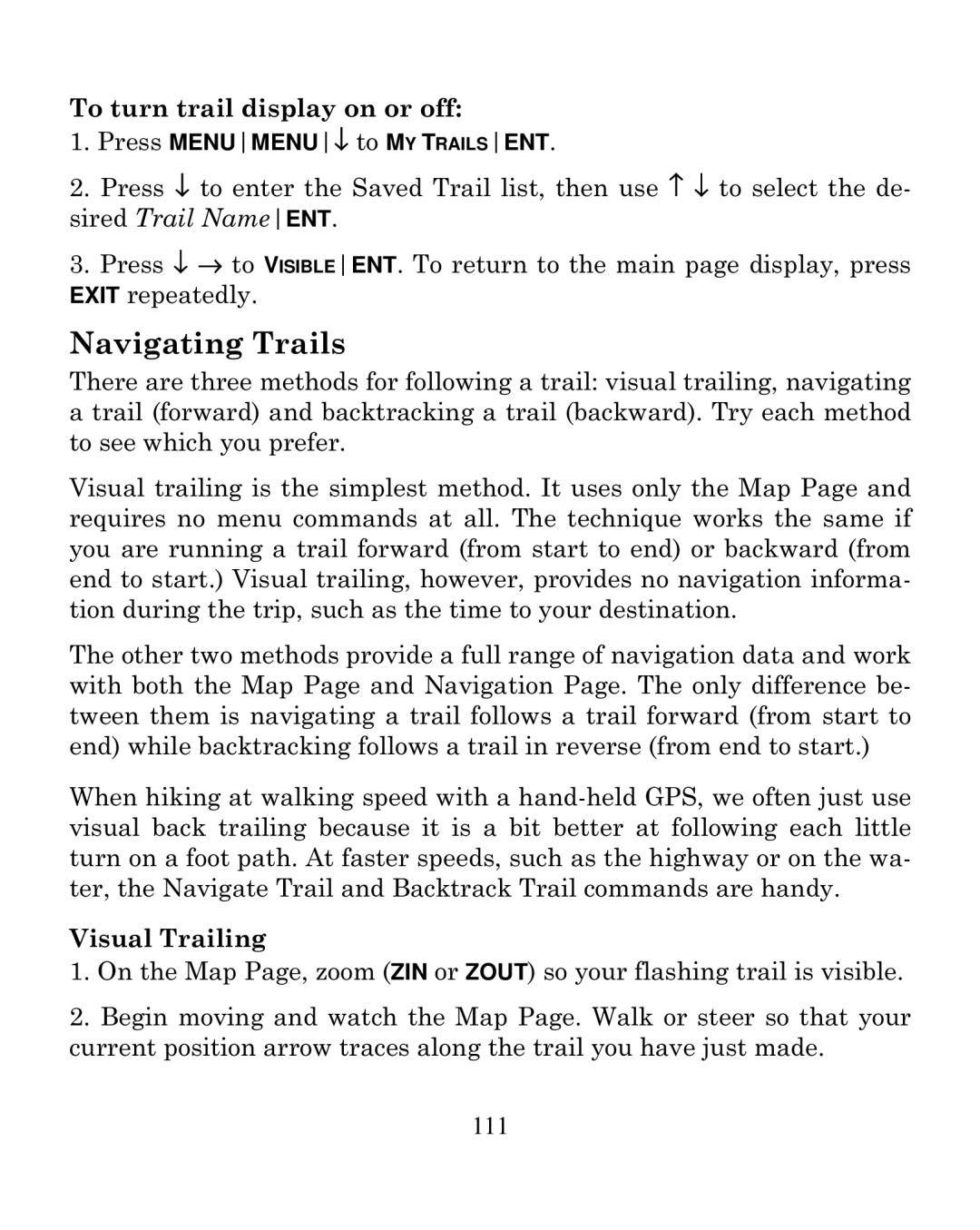 Eagle Electronics 250i manual Navigating Trails, To turn trail display on or off, Visual Trailing 