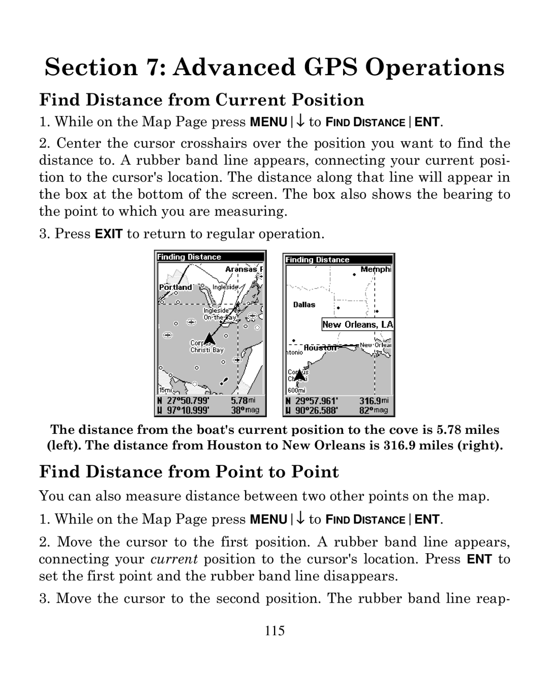 Eagle Electronics 250i manual Find Distance from Current Position, Find Distance from Point to Point 