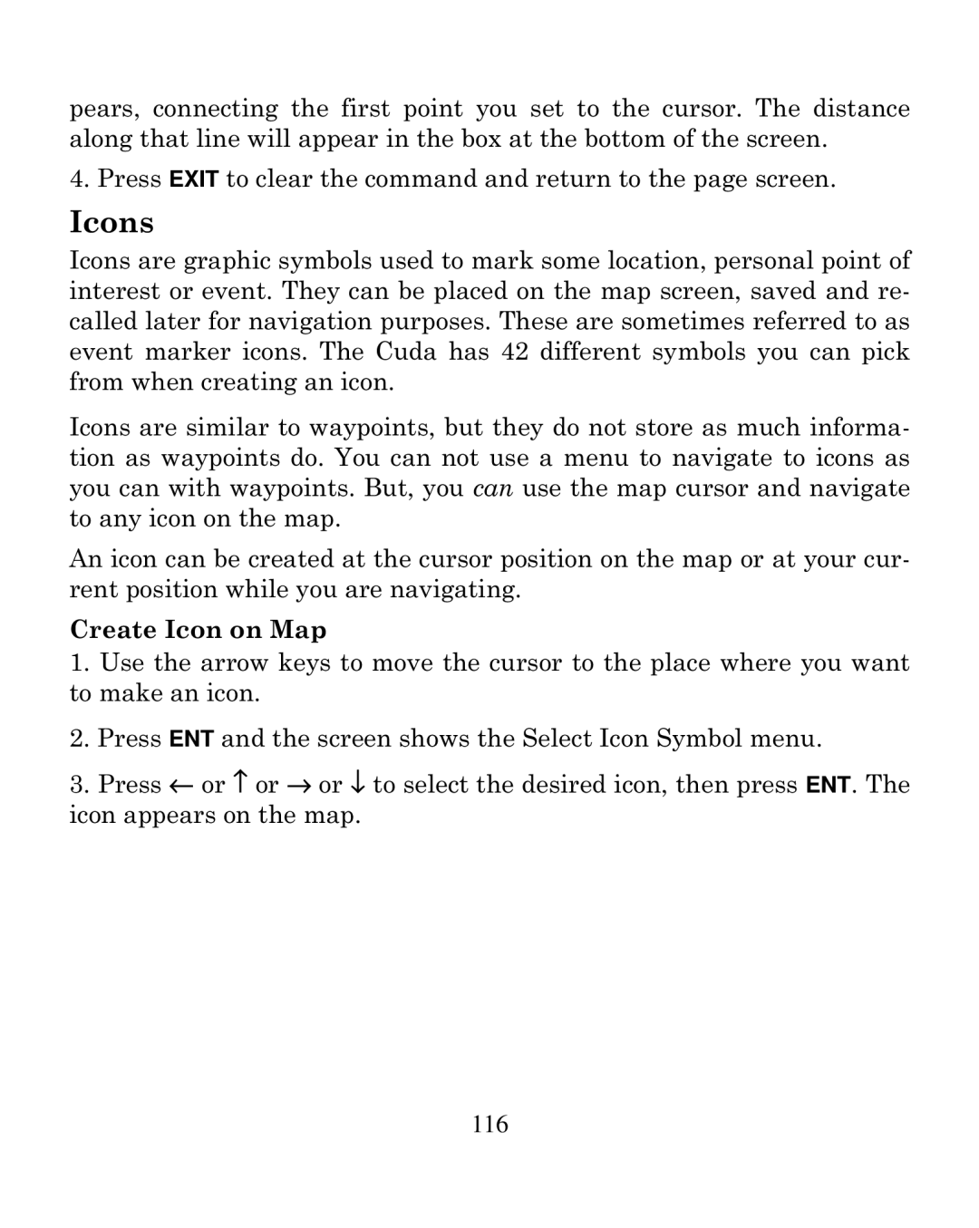 Eagle Electronics 250i manual Icons, Create Icon on Map 