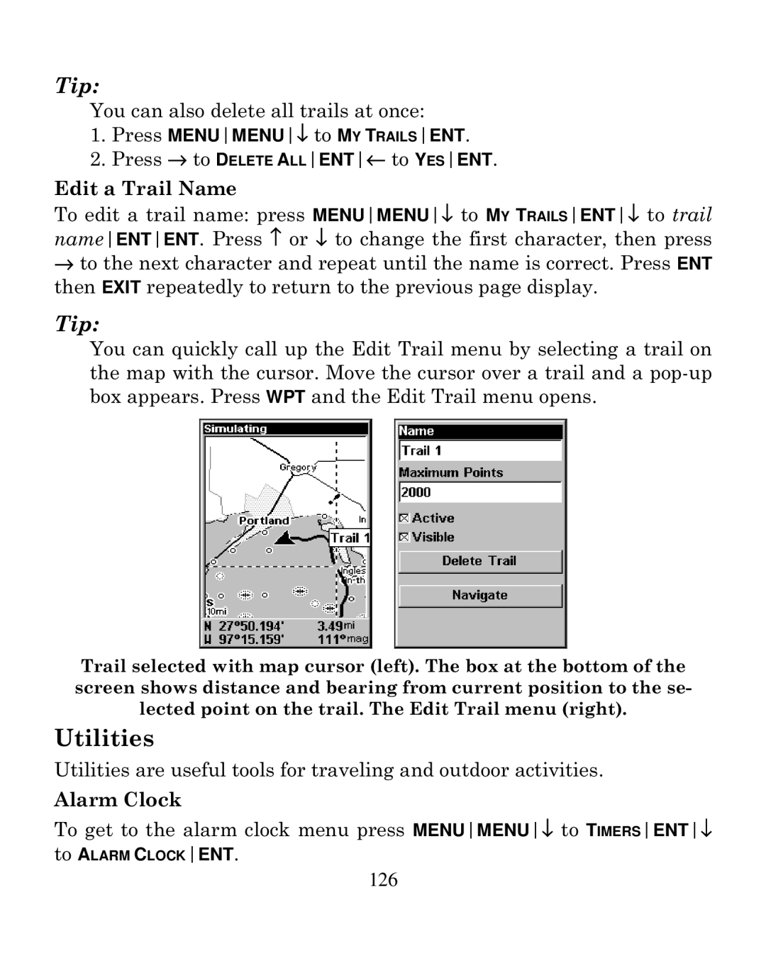 Eagle Electronics 250i manual Utilities, Edit a Trail Name, Alarm Clock 