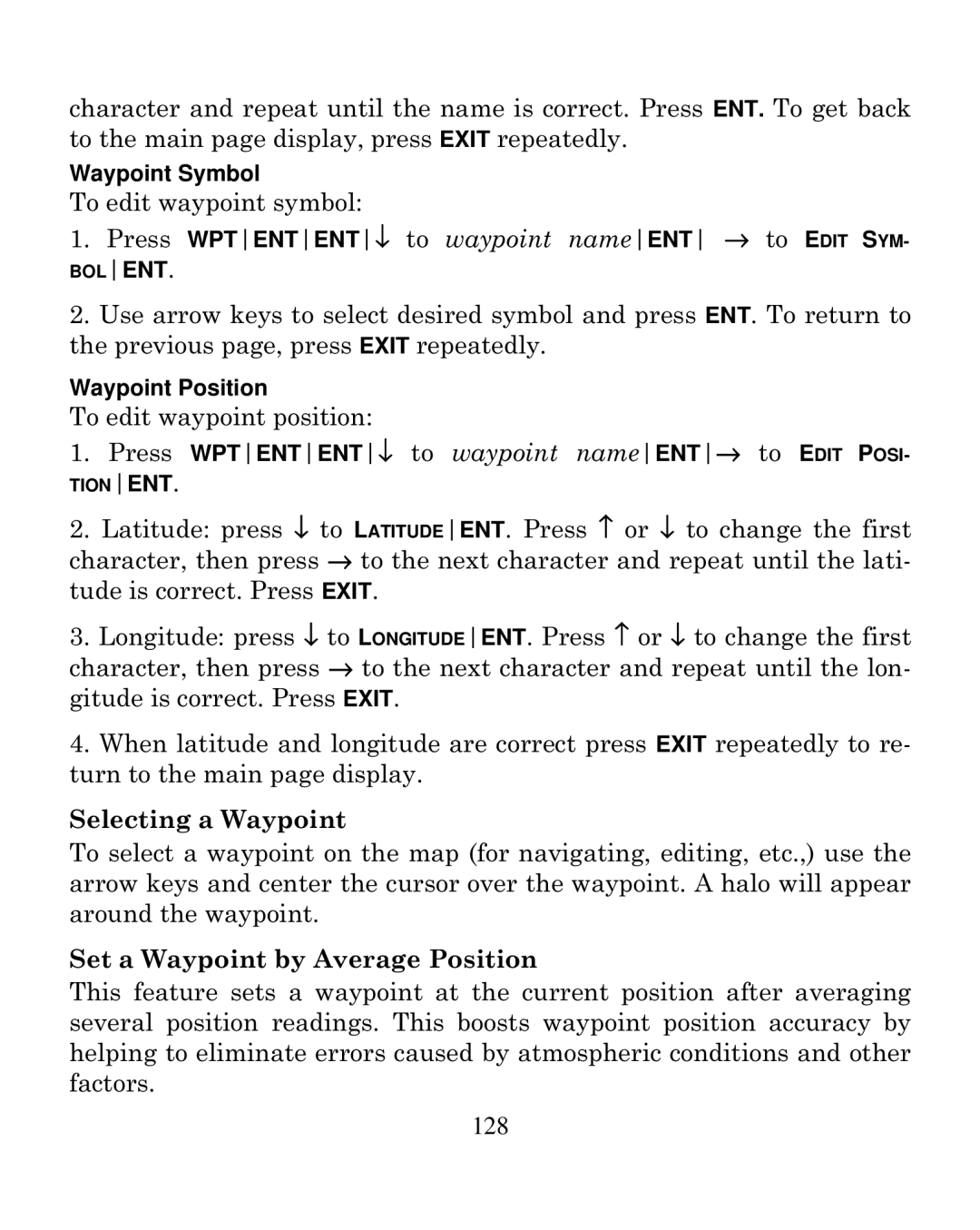 Eagle Electronics 250i manual Selecting a Waypoint, Set a Waypoint by Average Position 