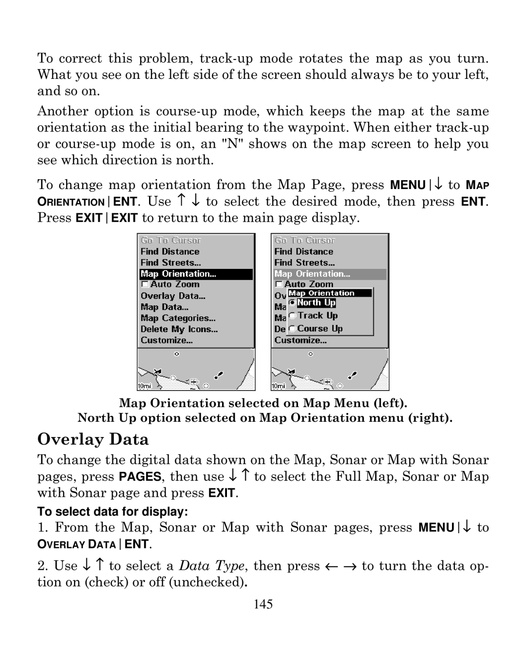 Eagle Electronics 250i manual From the Map, Sonar or Map with Sonar pages, press MENU↓ to 