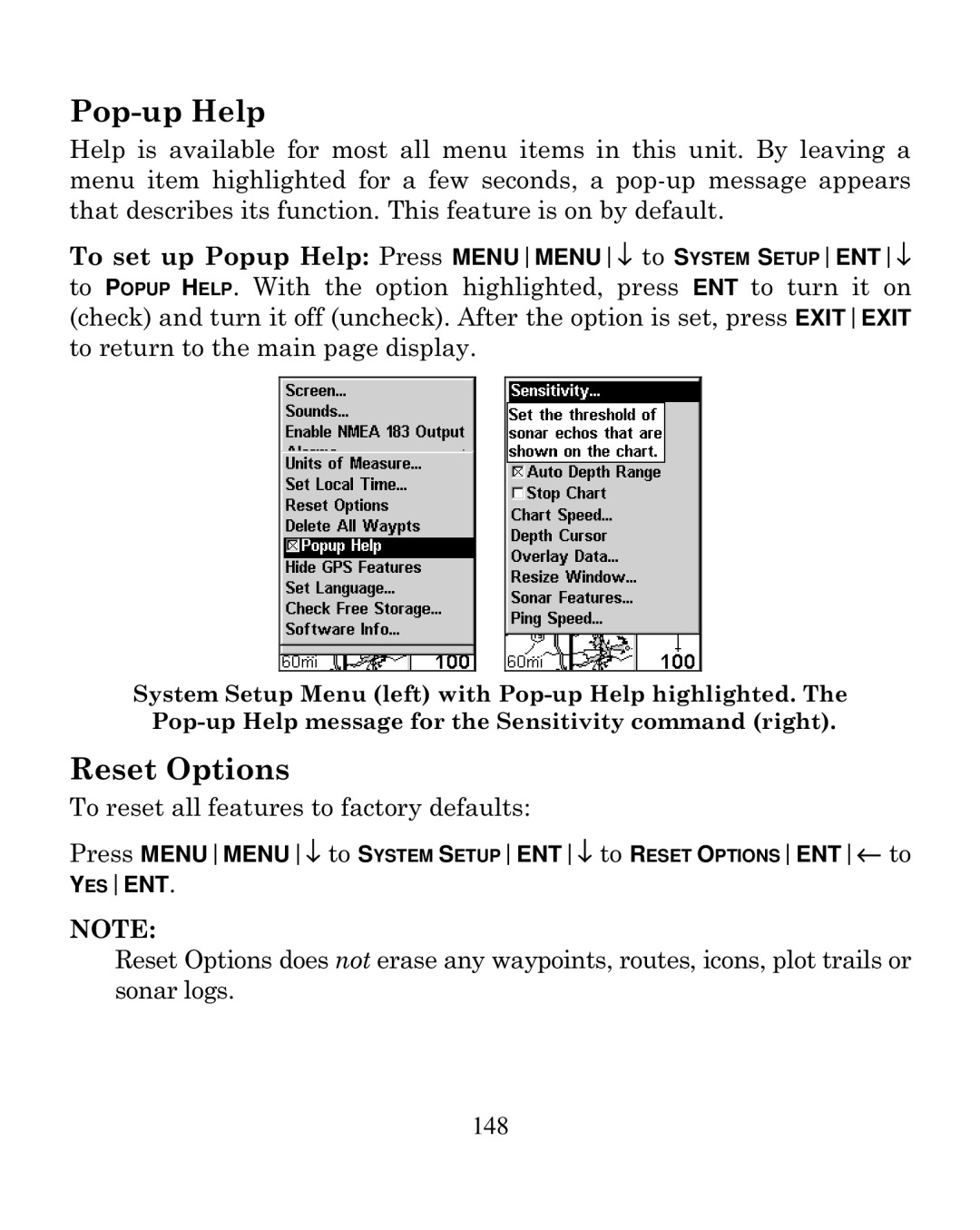 Eagle Electronics 250i manual Pop-up Help, Reset Options 