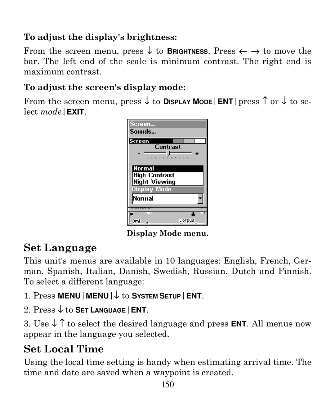 Eagle Electronics 250i Set Language, Set Local Time, To adjust the displays brightness, To adjust the screens display mode 