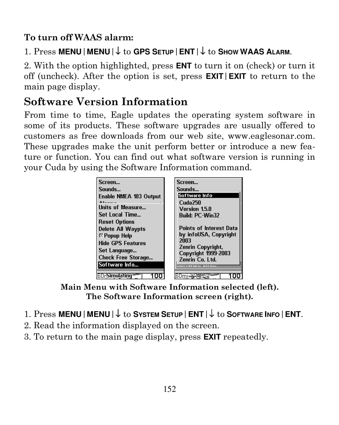 Eagle Electronics 250i manual Software Version Information, To turn off Waas alarm 