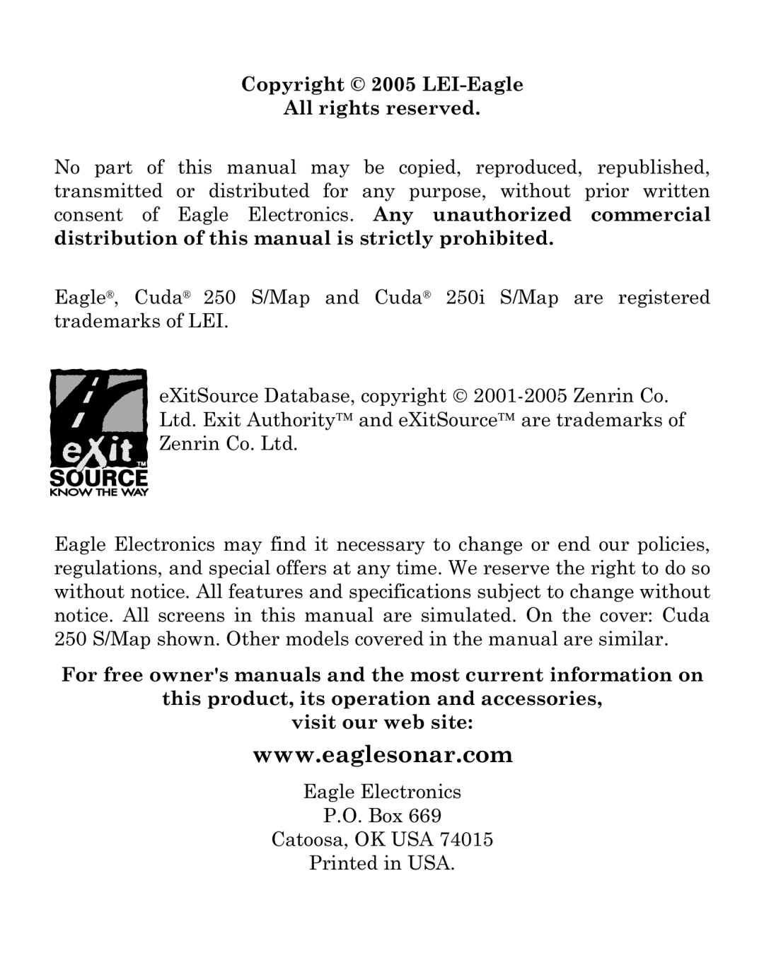 Eagle Electronics 250i manual Copyright 2005 LEI-Eagle All rights reserved 