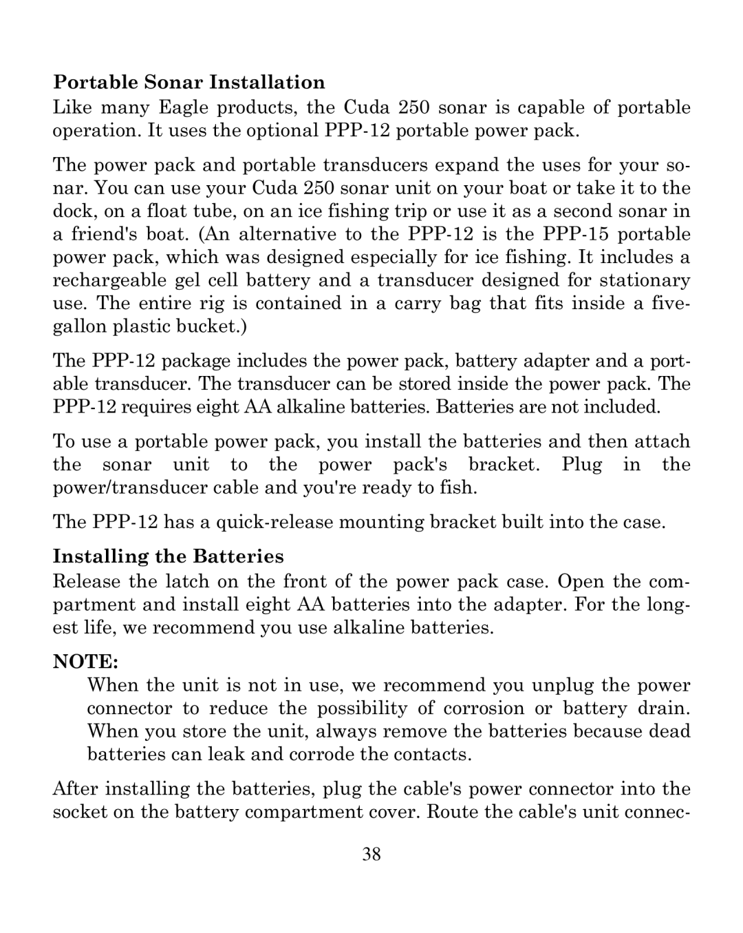 Eagle Electronics 250i manual Portable Sonar Installation, Installing the Batteries 