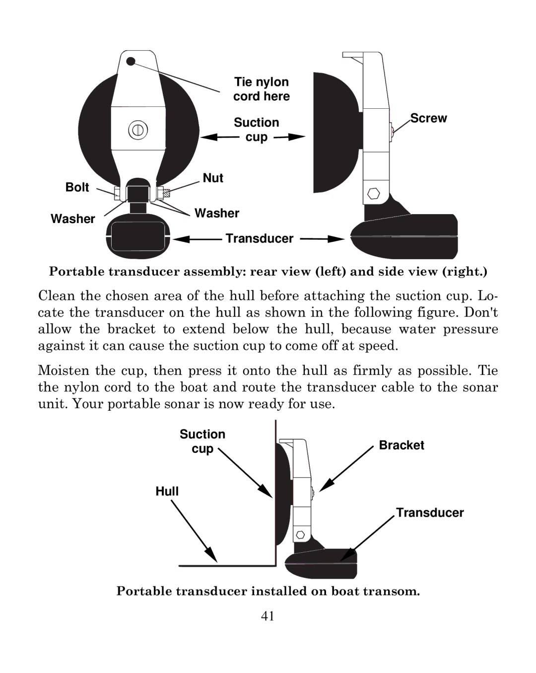 Eagle Electronics 250i manual Tie nylon cord here Suction 