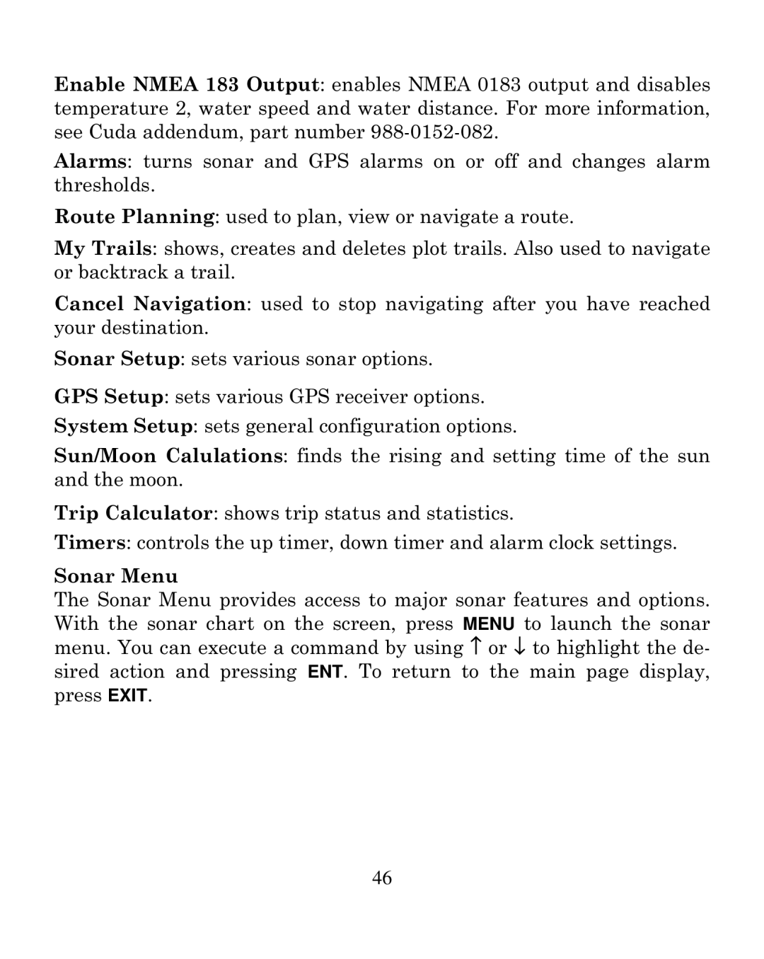 Eagle Electronics 250i manual Sonar Menu 