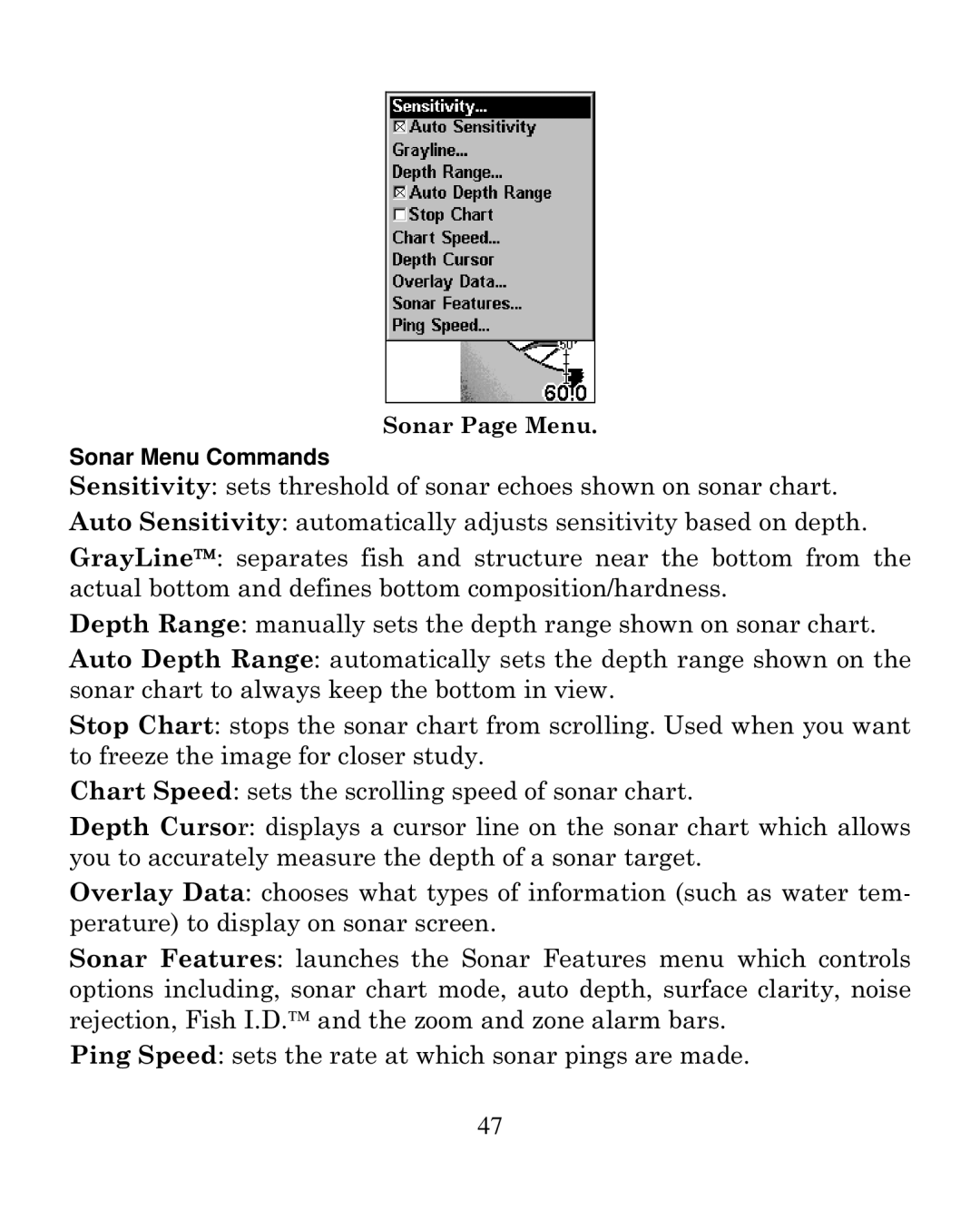 Eagle Electronics 250i manual Sonar Menu Commands 