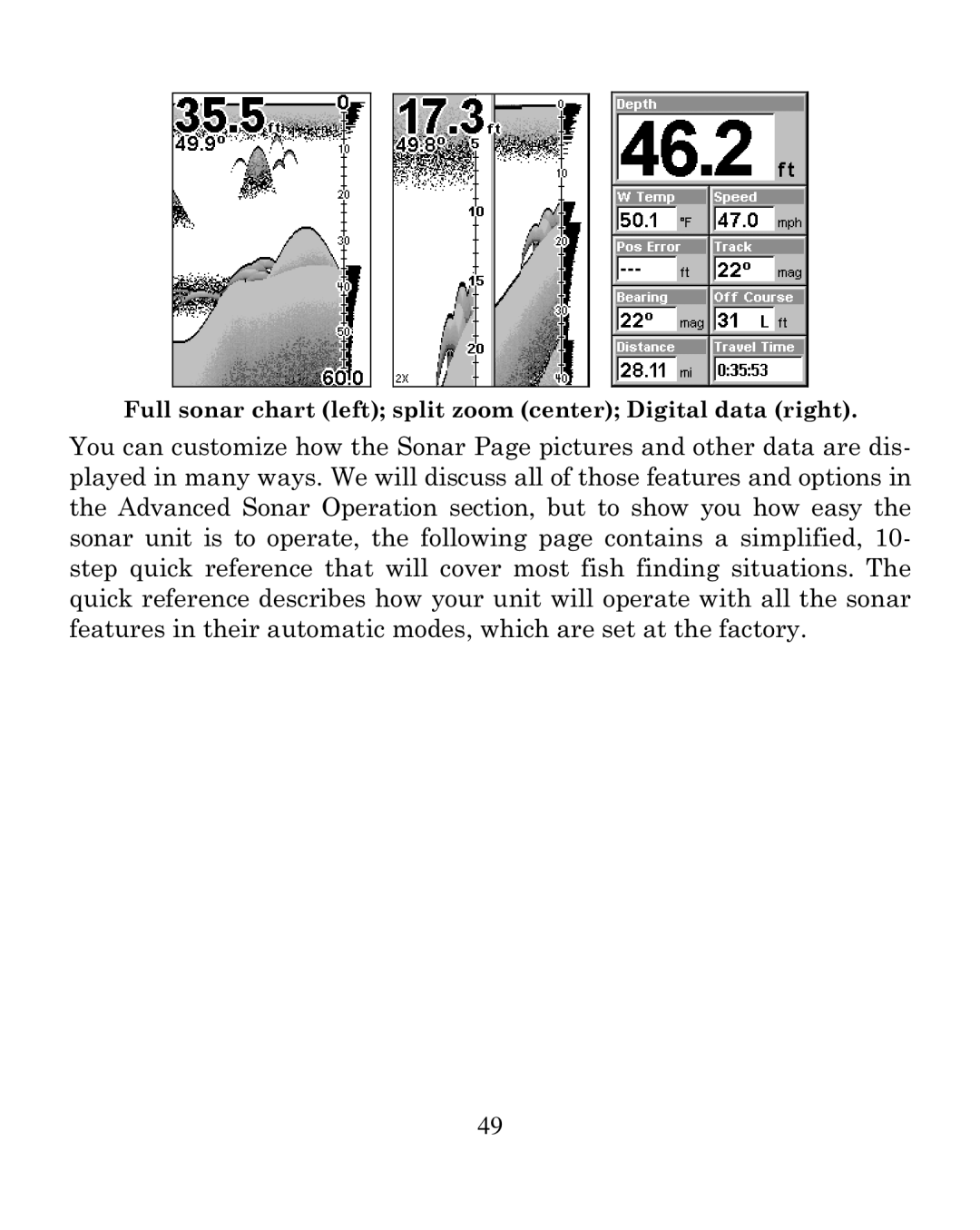 Eagle Electronics 250i manual Full sonar chart left split zoom center Digital data right 