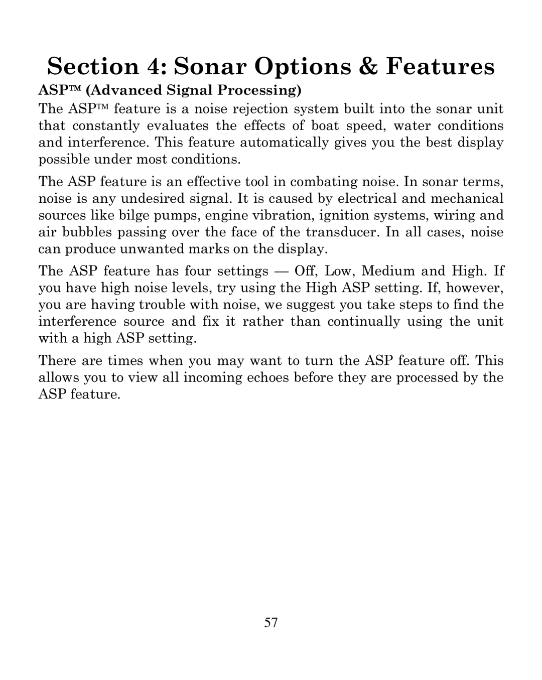 Eagle Electronics 250i manual Sonar Options & Features, ASP Advanced Signal Processing 