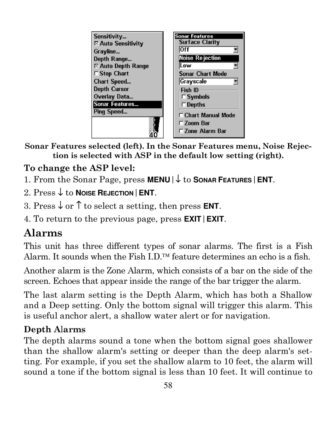 Eagle Electronics 250i manual To change the ASP level, Depth Alarms 