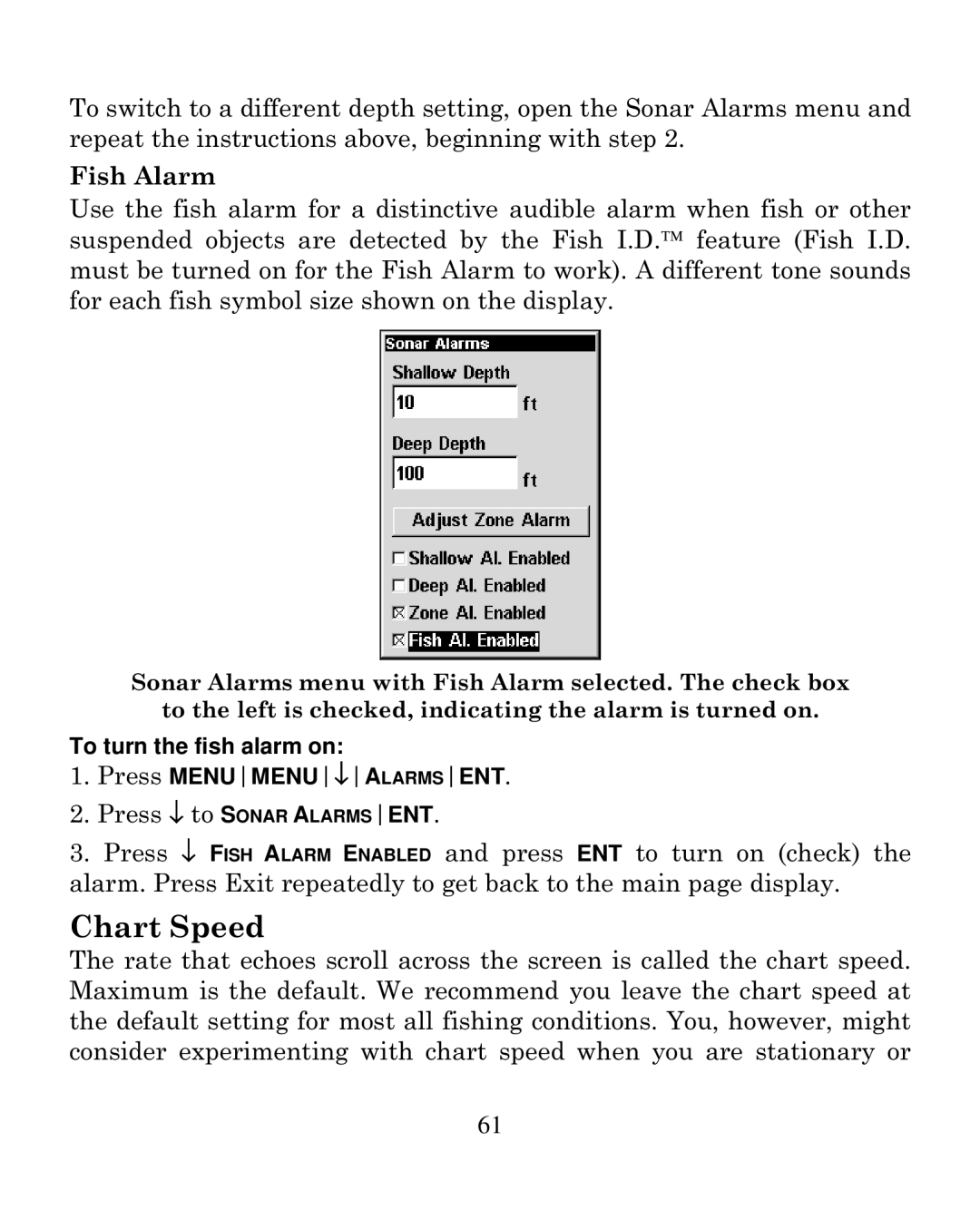 Eagle Electronics 250i manual Chart Speed, Fish Alarm 