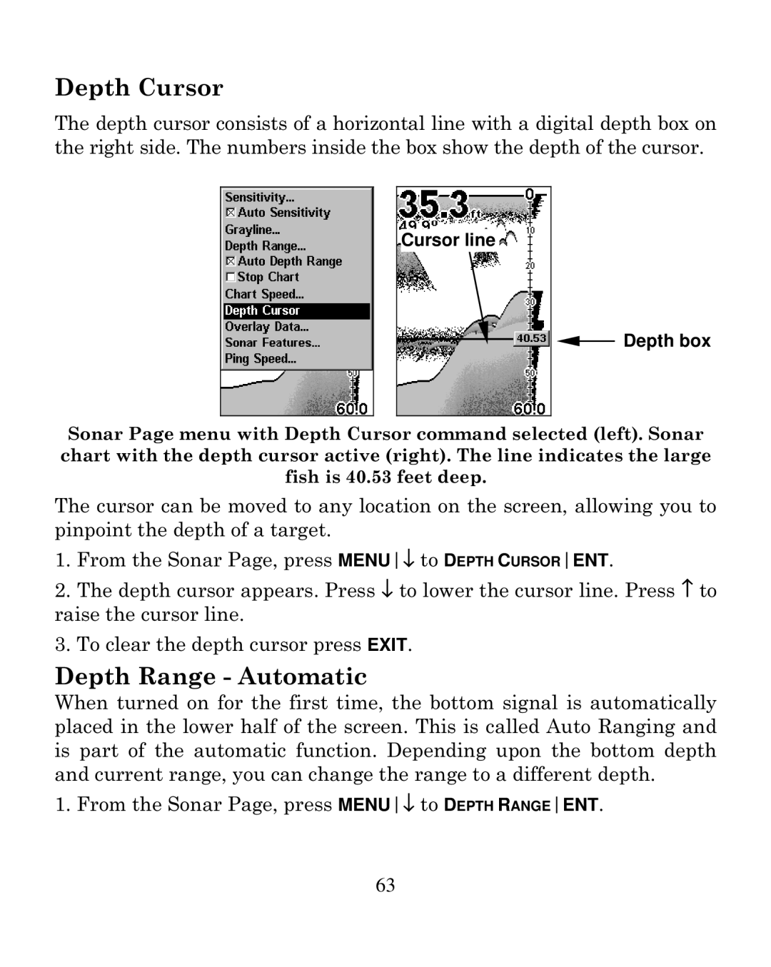 Eagle Electronics 250i manual Depth Cursor, Depth Range Automatic 