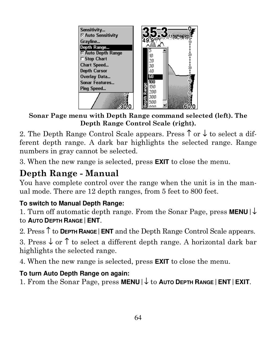 Eagle Electronics 250i manual Depth Range Manual 