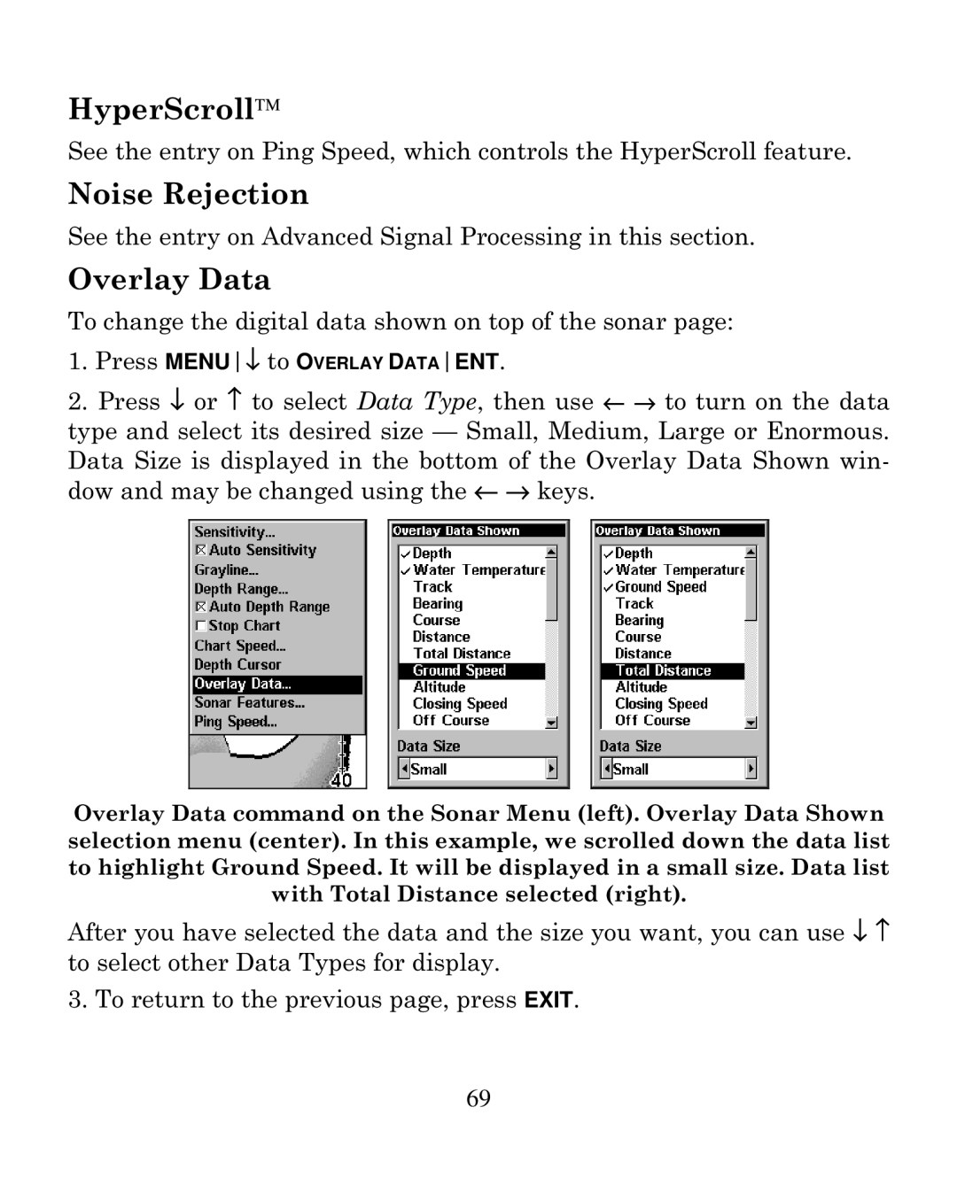 Eagle Electronics 250i manual HyperScroll, Noise Rejection, Overlay Data 