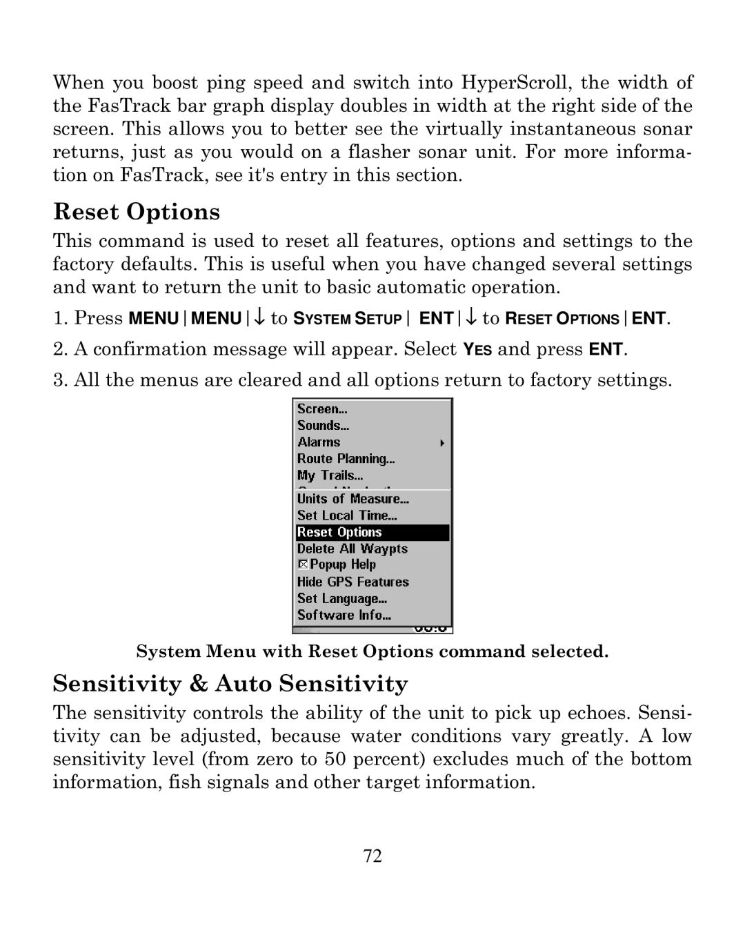 Eagle Electronics 250i manual Reset Options, Sensitivity & Auto Sensitivity 