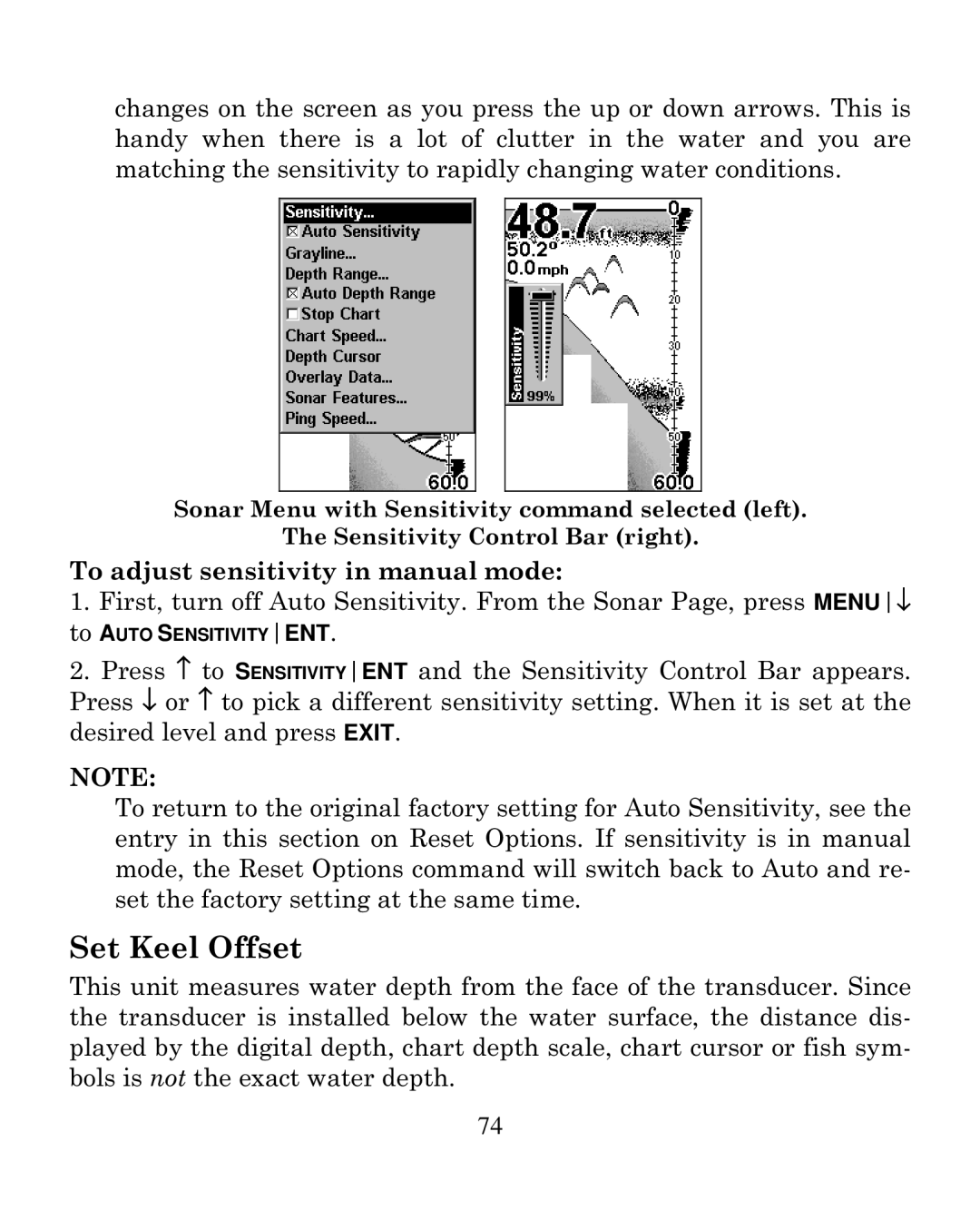 Eagle Electronics 250i Set Keel Offset, To adjust sensitivity in manual mode 