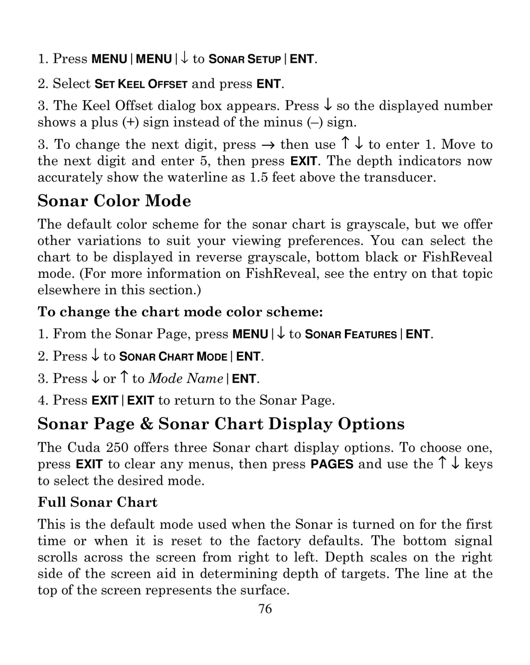 Eagle Electronics 250i Sonar Color Mode, Sonar Page & Sonar Chart Display Options, To change the chart mode color scheme 