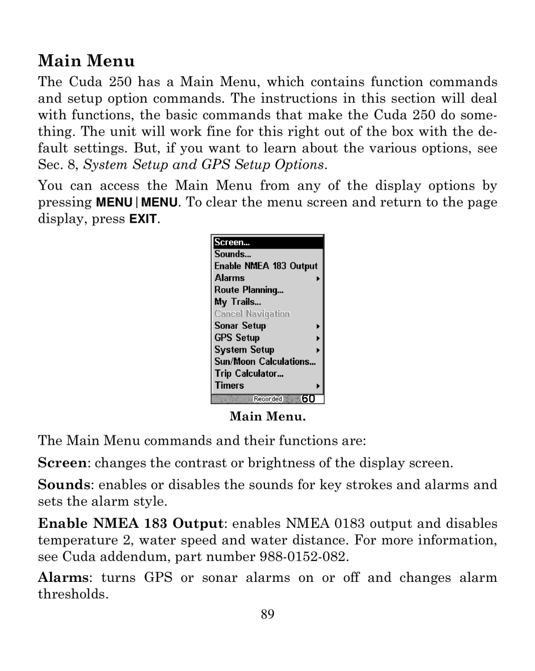 Eagle Electronics 250i manual Main Menu 