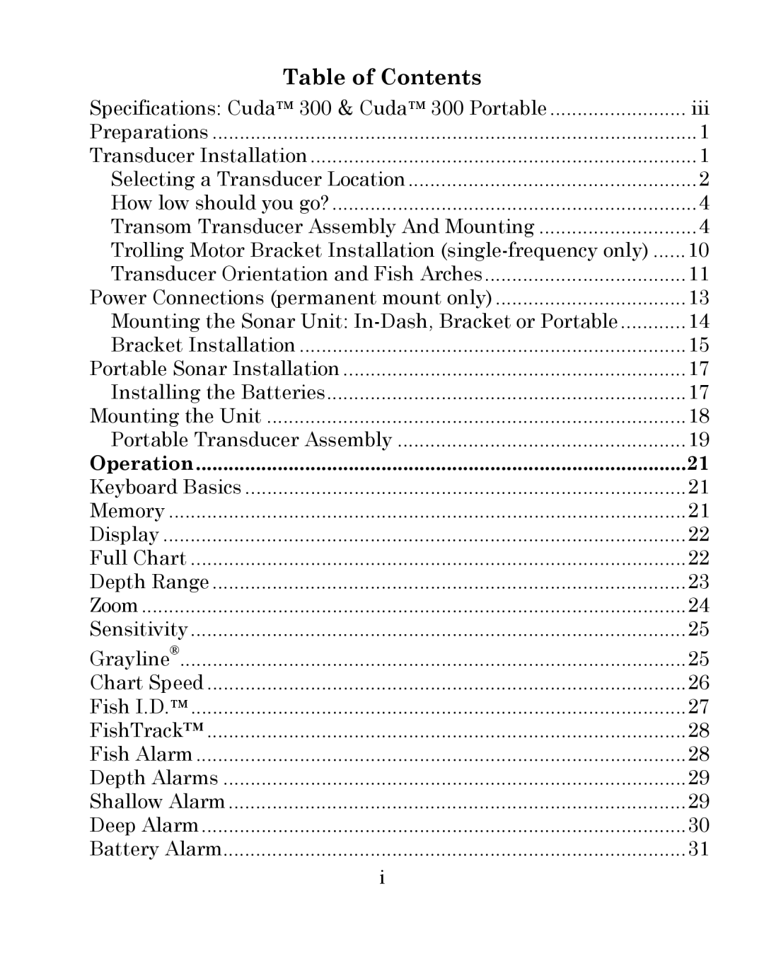 Eagle Electronics 300 manual Table of Contents 