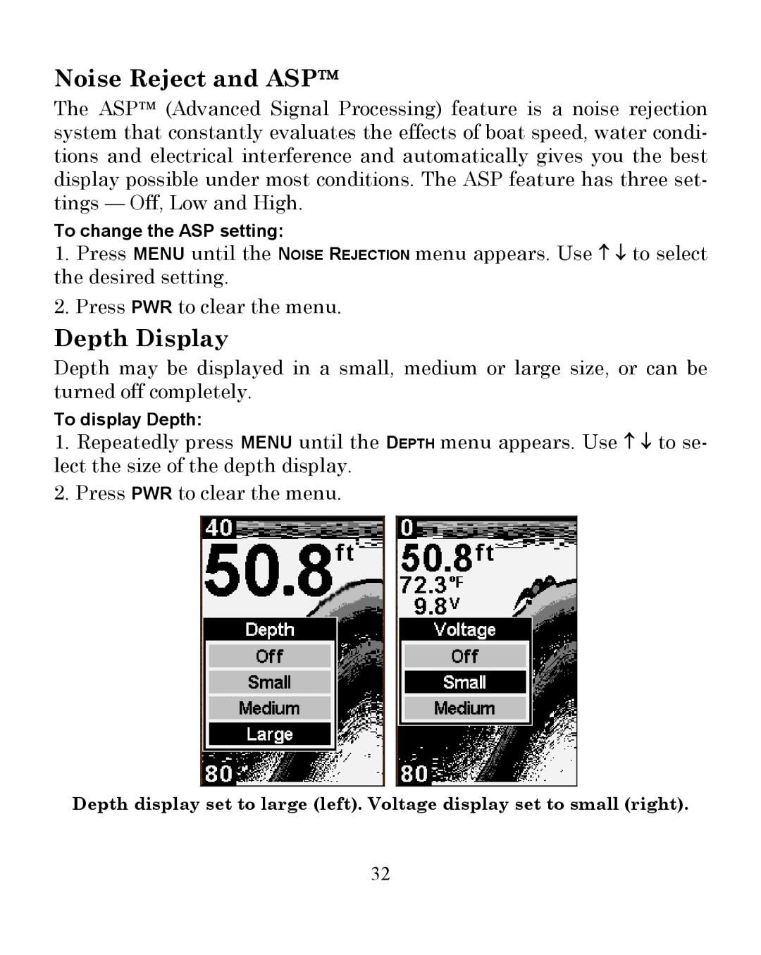 Eagle Electronics 300 manual Noise Reject and ASP, Depth Display 