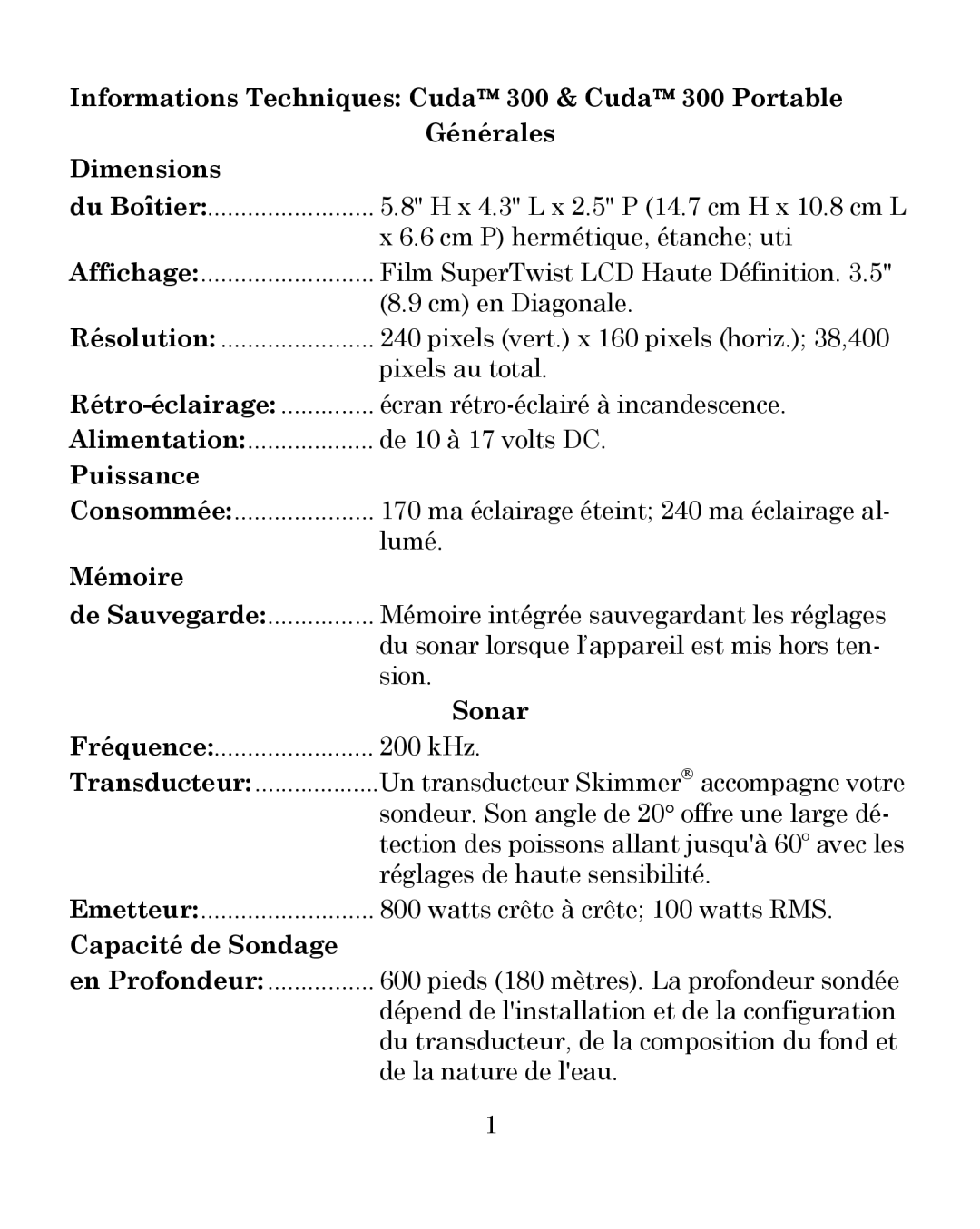 Eagle Electronics 300 manual Puissance, Mémoire, Capacité de Sondage 