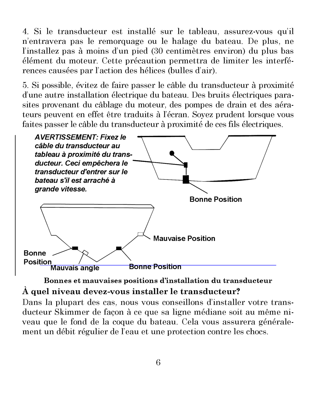 Eagle Electronics 300 manual Quel niveau devez-vous installer le transducteur? 