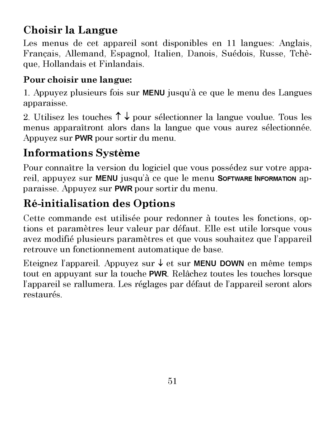 Eagle Electronics 300 Choisir la Langue, Informations Système, Ré-initialisation des Options, Pour choisir une langue 